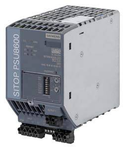 Ein Siemens SITOP PSU8600 Stromversorgungsgerät, graues Gehäuse mit blauen Elementen, zeigt Anschlüsse und Schaltflächen an der Vorderseite.