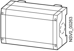 Strichzeichnung eines rechteckigen, versiegelten Gehäuses mit Klemmen an den Ecken und der Aufschrift 'NSVO_00263' an der Seite.