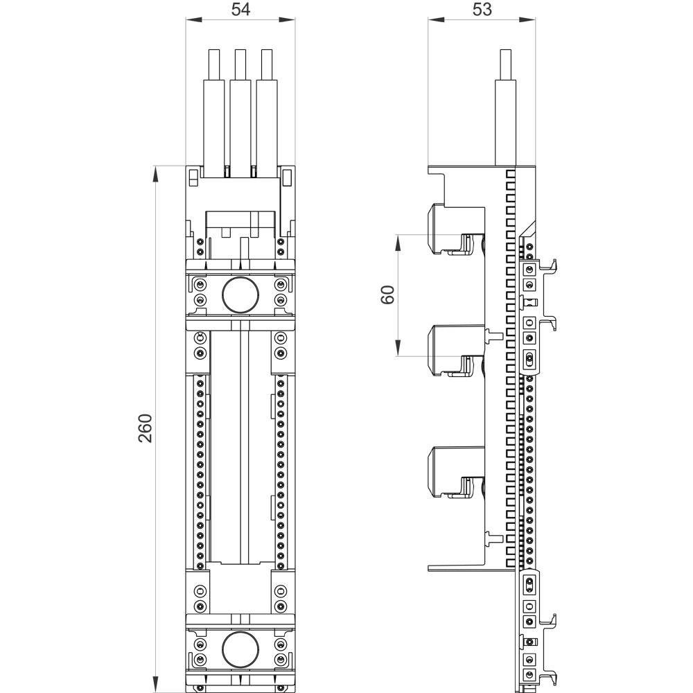 Technische Zeichnung von Elektrogerät mit Abmessungen: Höhe 260 mm, Breite 54 mm, Tiefe 53 mm, drei Anschlüsse oben, seitliche Ansichten.