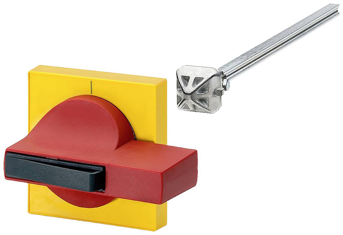 Ein rotes Not-Aus-Schaltergehäuse mit Drehschalter auf gelber Basis, neben einem länglichen Metallteil mit quadratischer Spitze.