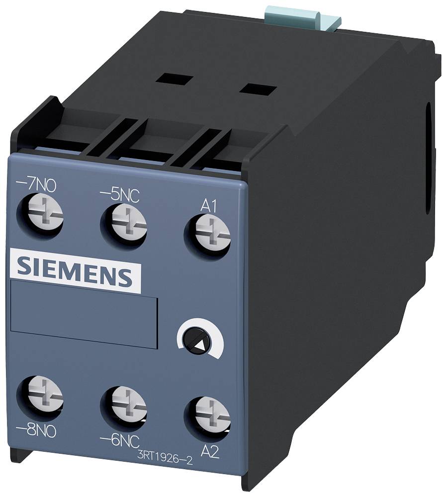 Ein schwarzer elektrischer Schaltschütz von Siemens mit blauer Front, beschriftet mit 'SIEMENS' und verschiedenen Anschlussklemmen.