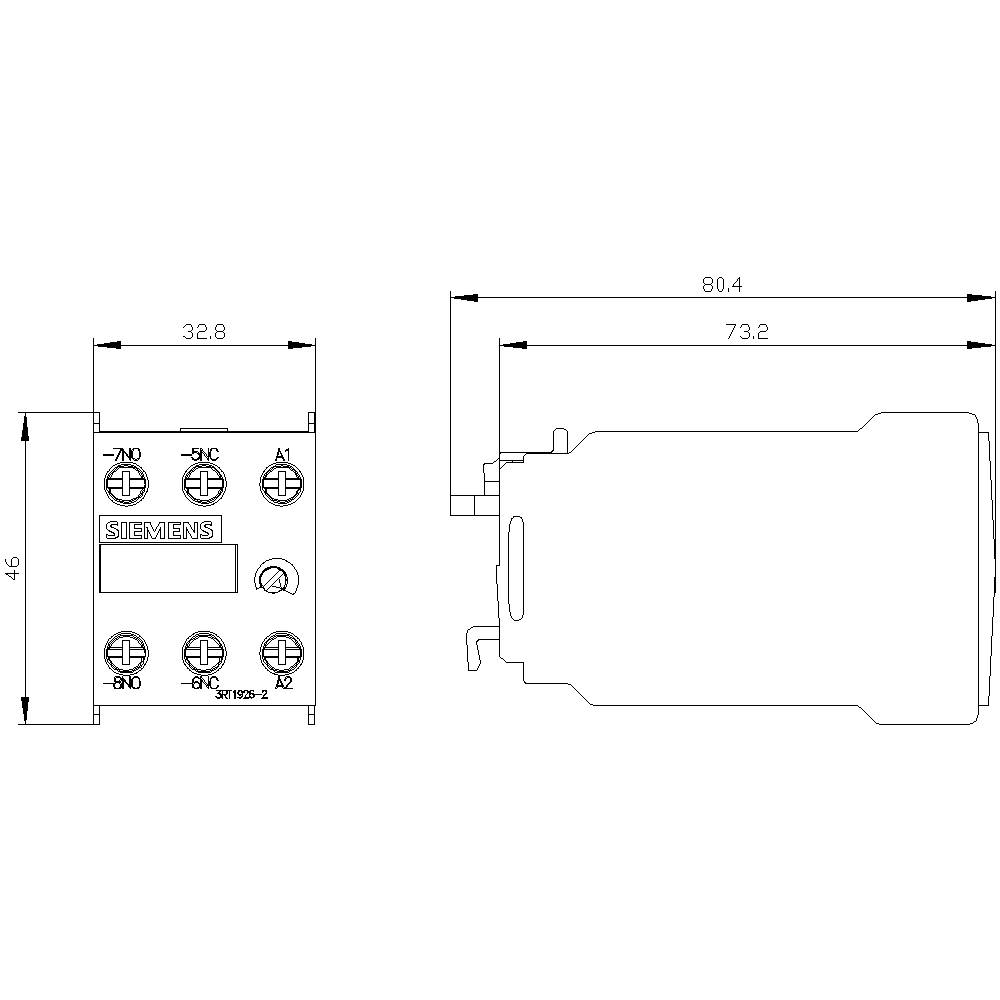 Technische Zeichnung eines Siemens-Relais mit Seitenansicht und Abmessungen: Breite 32,8 mm, Höhe 46 mm, Länge 80,4 mm.