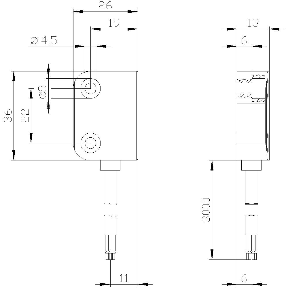 Technische Zeichnung eines L-förmigen Metallteils mit Bohrungen und Maßen. Maße: 36x26 mm, Bohrungen Ø4,5 mm, Drahtlänge 3000 mm.
