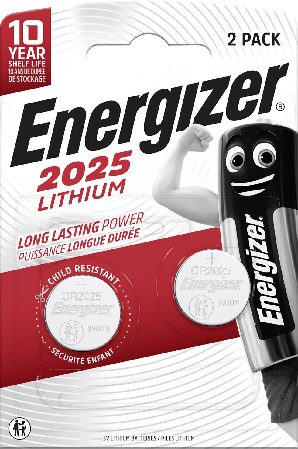Energizer 2025 Lithiumbatterien, 2er-Pack, 10 Jahre Lagerfähigkeit, kindersicheres Verpackungsdesign.