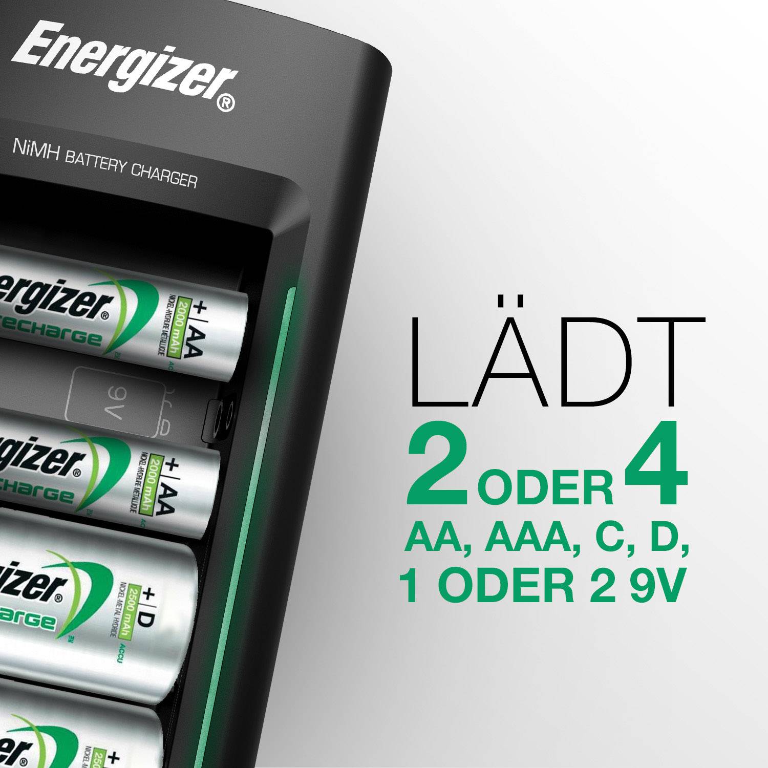Energizer Universal Rundzellen-Ladegerät NiMH Micro (AAA), Mignon (AA), Baby (C), Mono (D), 9V Block