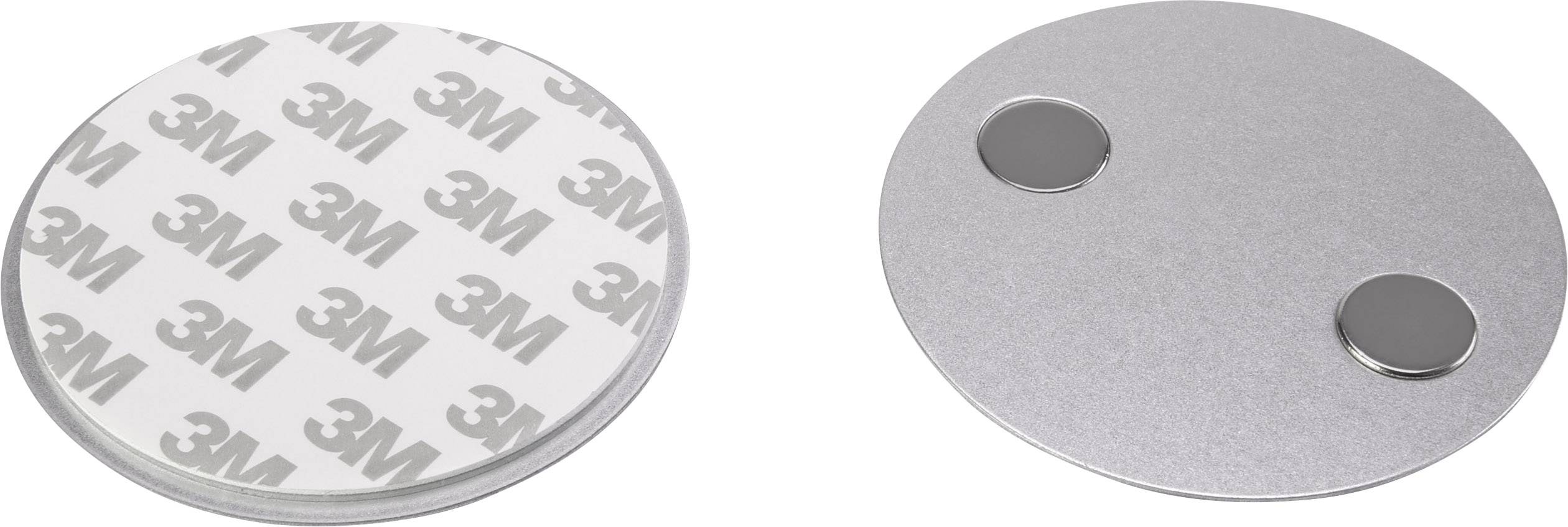 Zwei runde Magnetplatten: links eine mit 3M-Klebestreifen, rechts eine glatte Metalloberfläche mit zwei sichtbaren Magneten.