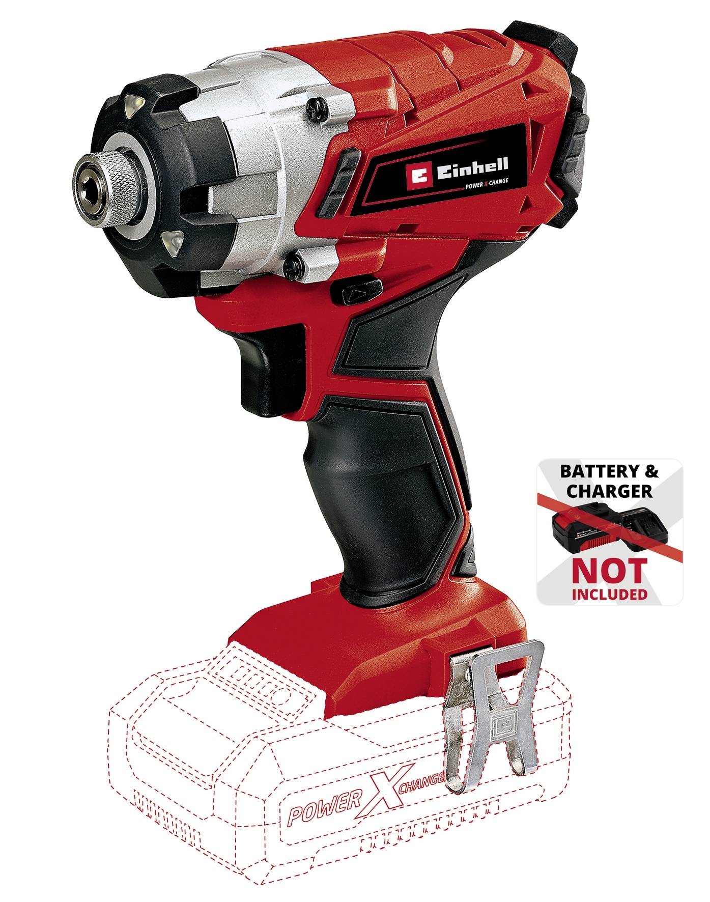 Akkuschlagschrauber in Rot und Schwarz von Einhell. Aufschrift 'Battery & Charger Not Included'. Abgebildet ohne Akku.