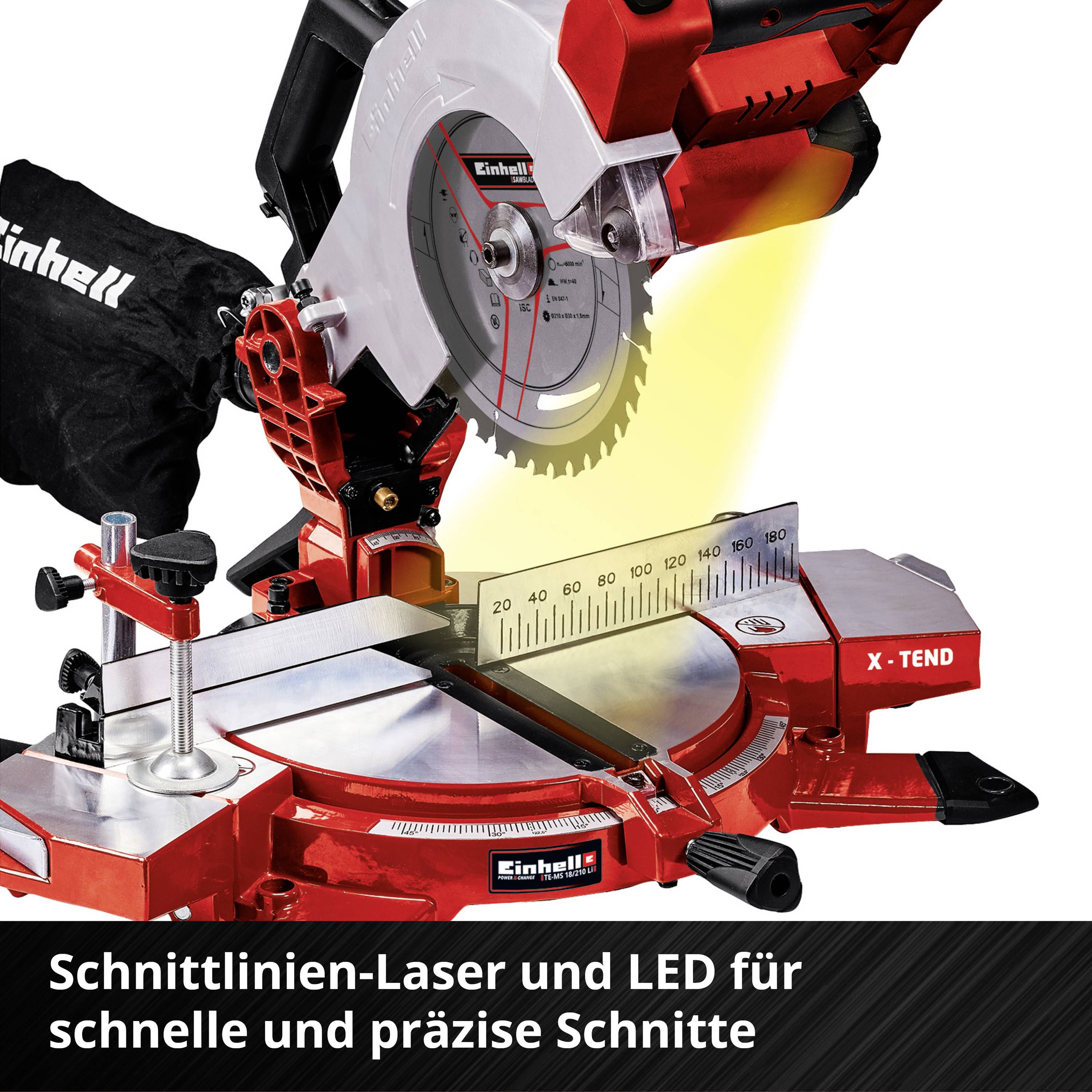 Eine rote Kappsäge mit eingespanntem Holz, beleuchtet durch LED. Der Text auf dem Bild: 'Schnittlinien-Laser und LED für schnelle und präzise Schnitte'.
