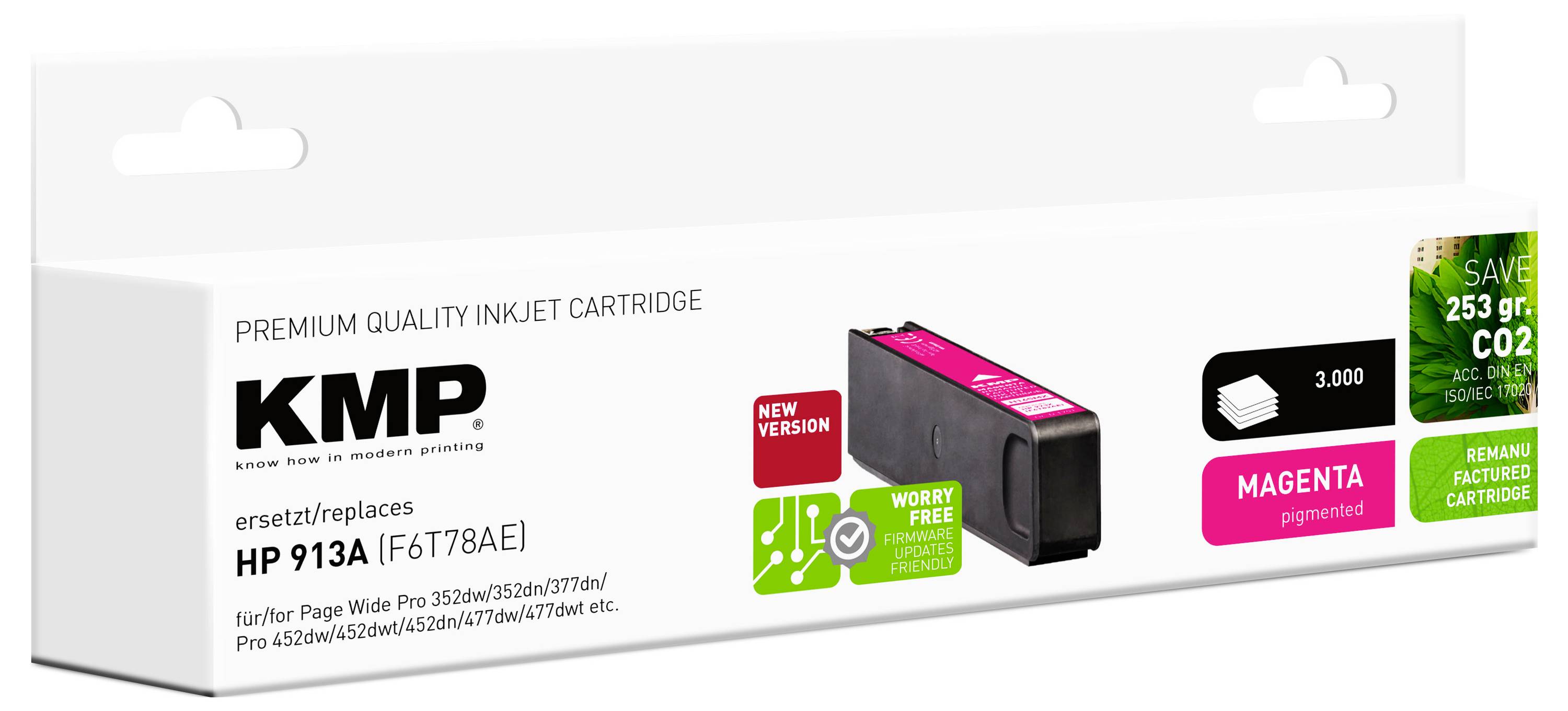 Tintenpatrone für KMP Premium Magenta-Tinte, ersetzt HP 913A (F6T78AE). Hervorragende Seitenausbeute von 3.000 Seiten, umweltfreundlich und kompatibel mit HP-Druckern.