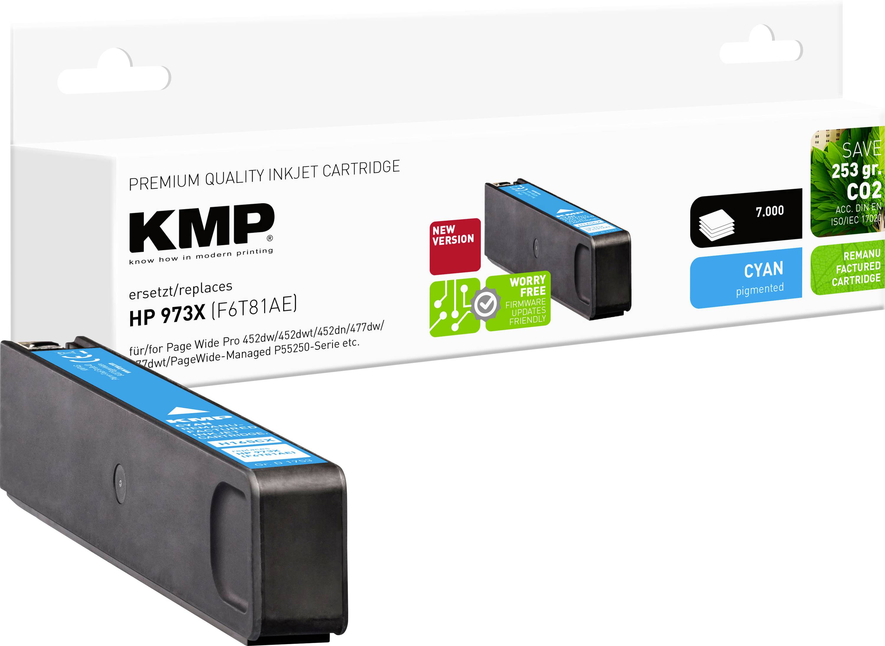 Tintenpatrone für KMP Tintenstrahldrucker, ersetzt HP 973X. Farbe: Cyan, Seitenausbeute: 7.000 Seiten, mit umweltfreundlichen Eigenschaften.