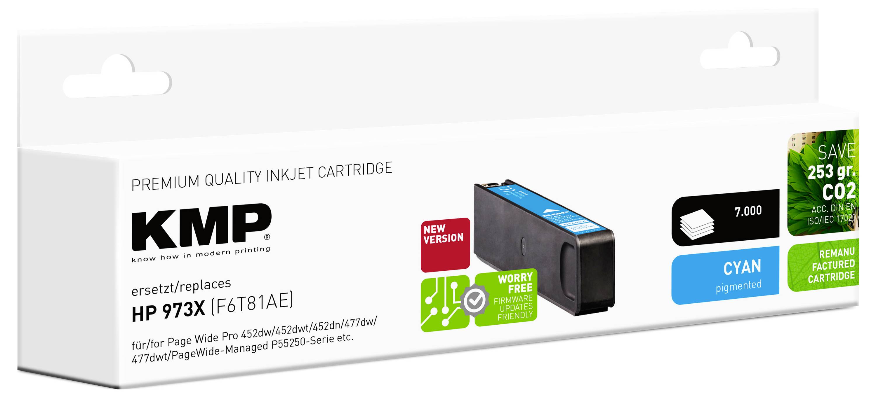 Eine KMP Premium-Qualität Tintenpatrone, kompatibel mit HP 973X, in Cyan-Farbe, mit Angabe einer Seitenausbeute von 7.000 Seiten und CO2-Einsparung.