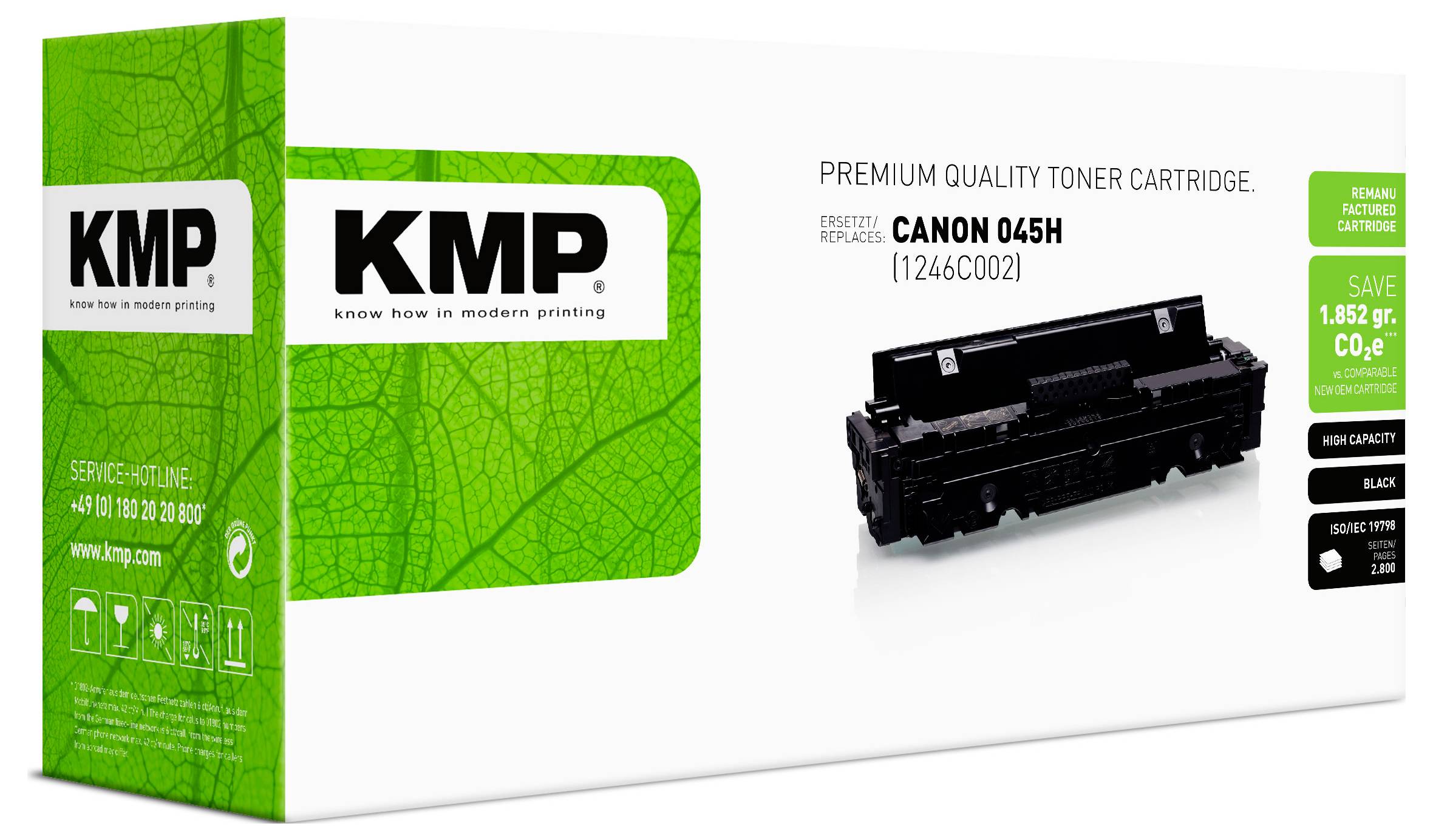 Schachtel mit KMP-Premium-Qualitäts-Tonerpatrone für Canon 045H, gezeigt auf einer weißen Verpackung mit schwarzem Patronenabbild und grünem Branding.