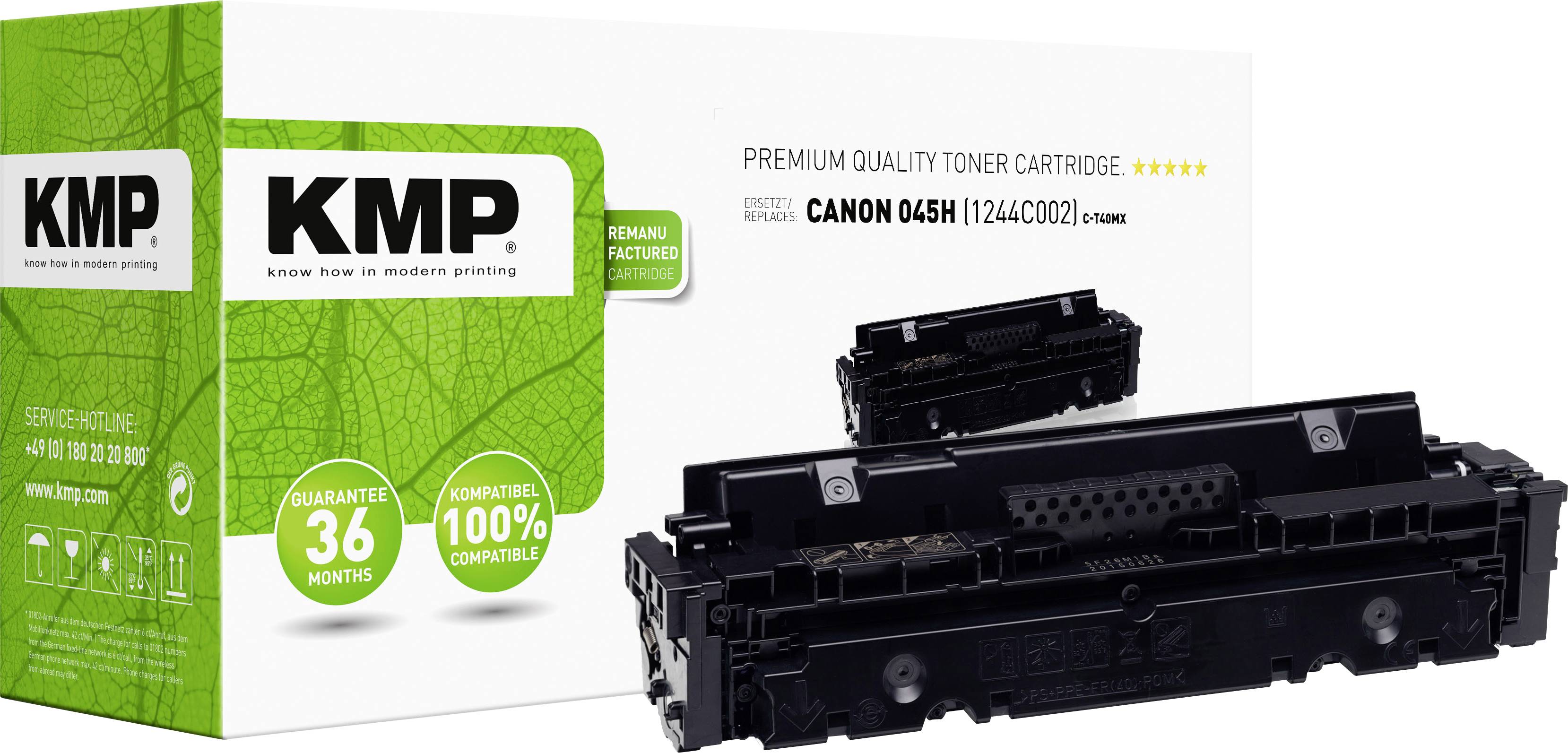 Toner-Kartusche für Canon 045H (124/CRG045) in Schwarz. Verpackung mit KMP-Logo und Hinweis auf 36 Monate Garantie sowie 100% Kompatibilität.