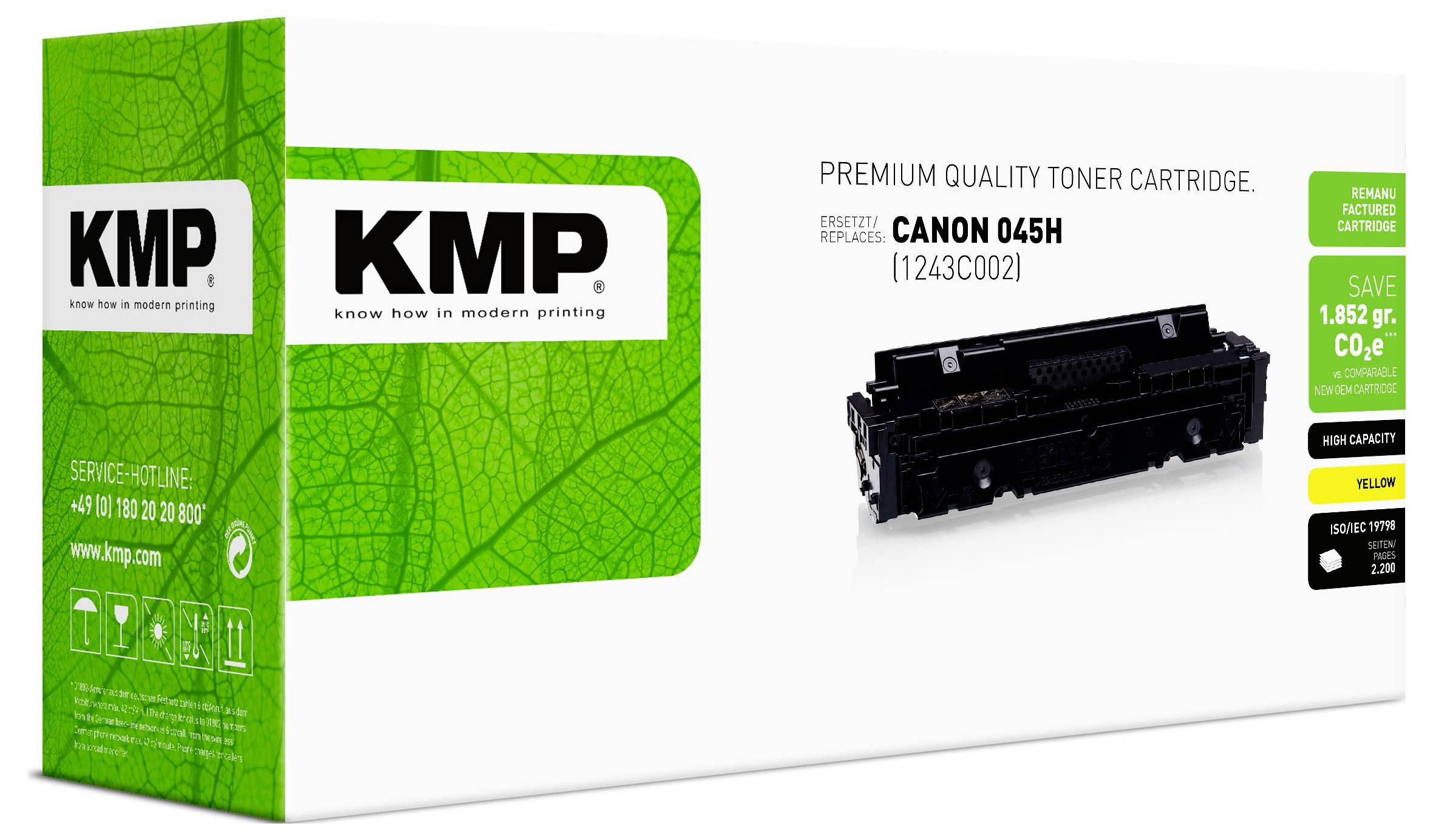 KMP Premium Tonerkartusche Box für Canon 045H (1243C002), grün-weiße Verpackung mit Produktabbildung und Kompatibilitätsetiketten.