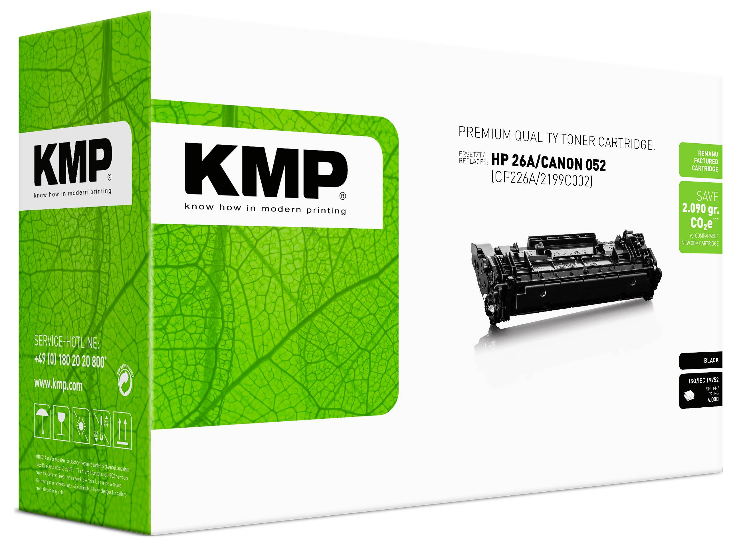 KMP Premium-Qualität Tonerkartusche für HP 26A/Canon 052, shown in grüner und weißer Verpackung mit der abgebildeten Kartusche und Kompatibilitätsdetails.