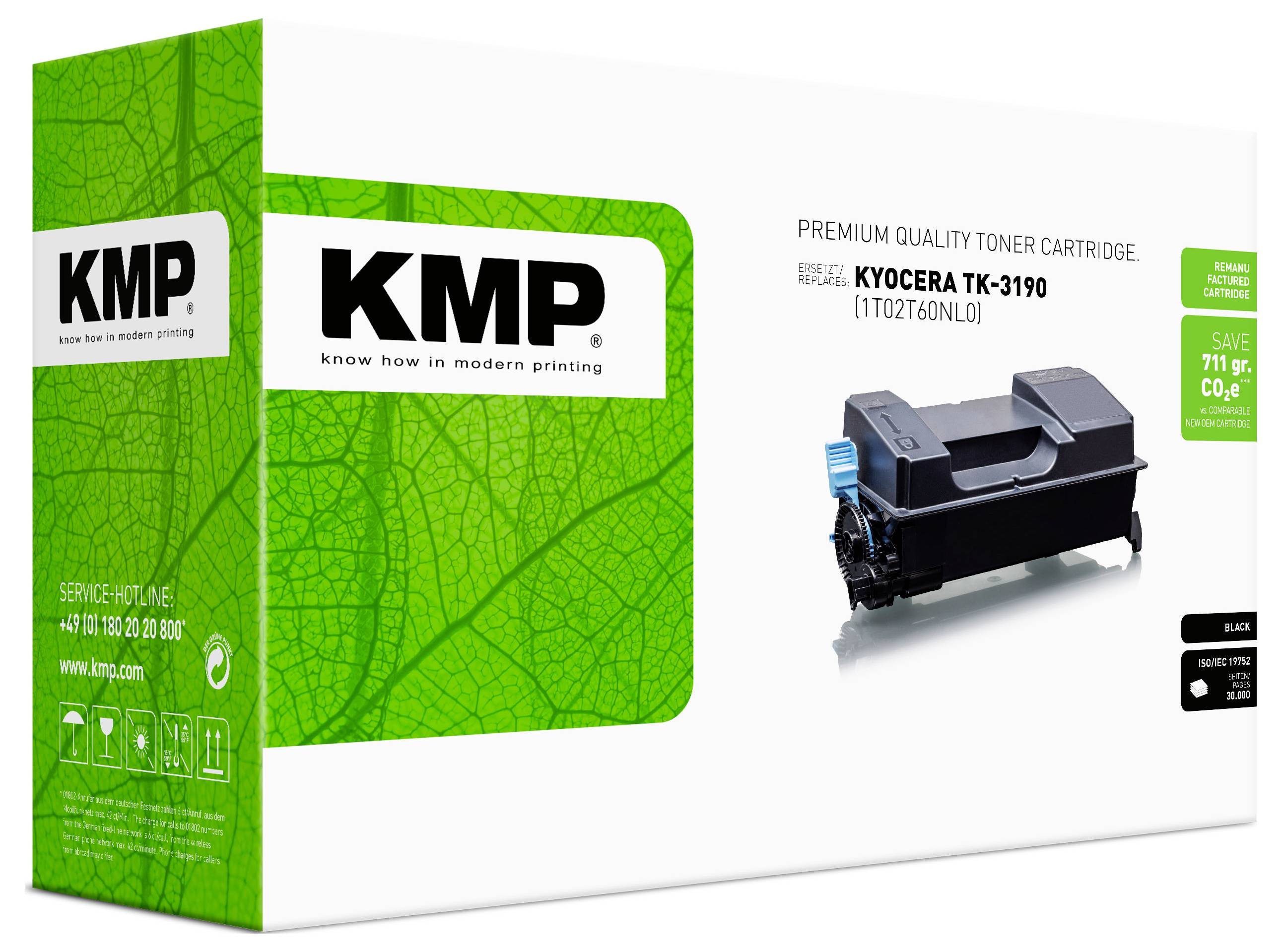 KMP Toner-Nachfüllpatrone Premium-Qualität für Kyocera TK-3190, dargestellt mit grüner Verpackung und Abbildung der schwarzen Tonerpatrone.