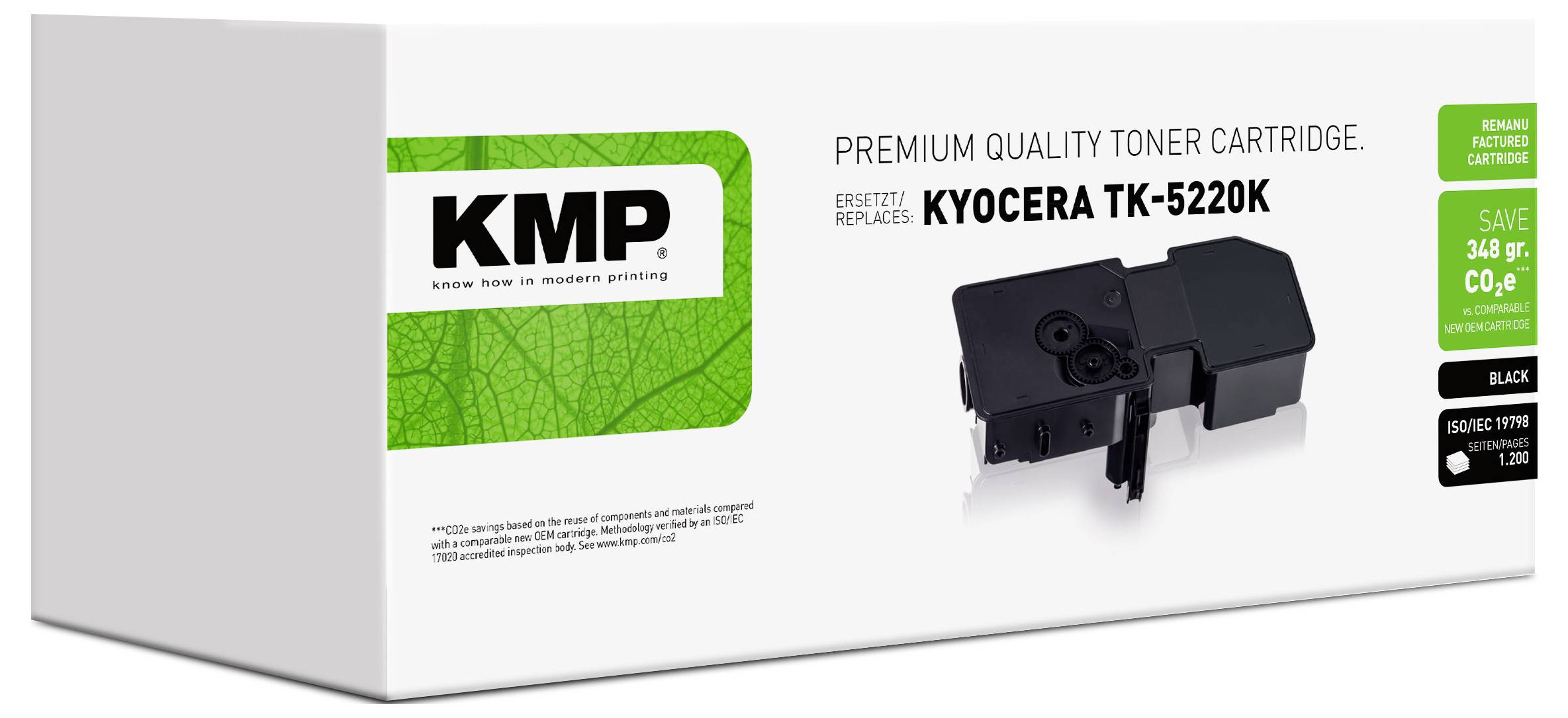 Schachtel der KMP-Premium-Tonerpatrone für Kyocera TK-5220K, zeigt die schwarze Patrone und Text „Premium-Tonerpatrone" und „Ersatz für Kyocera TK-5220K".