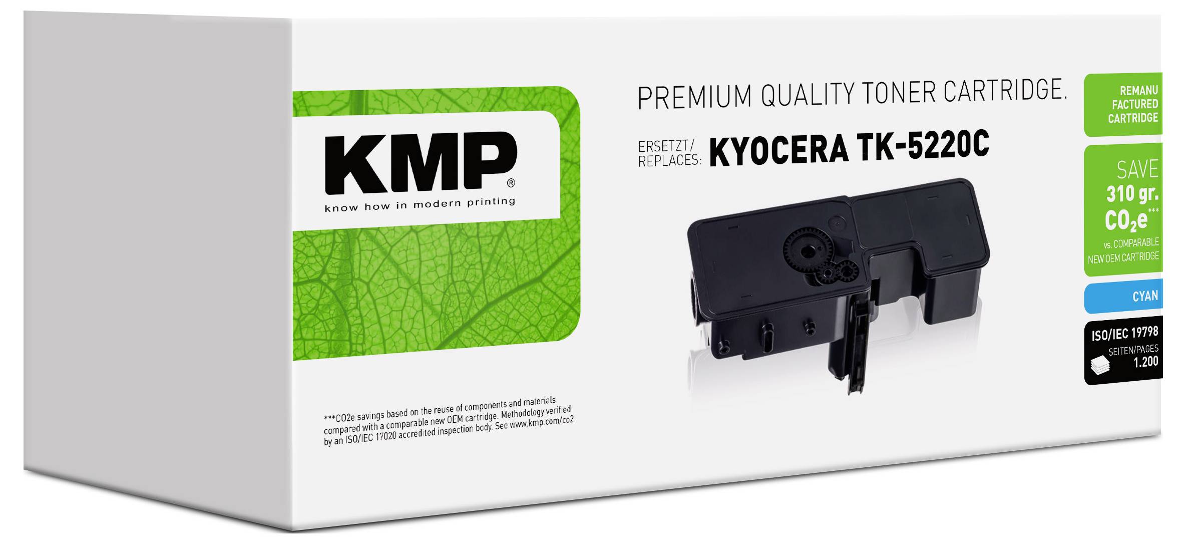 Kartusche KMP Premium-Qualität Tonerkartusche für Kyocera TK-5220C, gezeigt mit Produktbild und grünem Etikett, das Einsparungen und Nachfüll-/Austauschdetails hervorhebt.