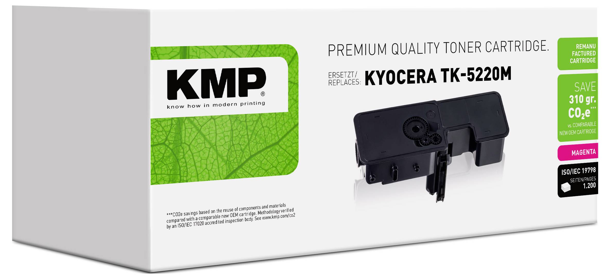 KMP Premium-Qualität Tonerkartusche für Kyocera TK-5220M mit Produktabbildung und grünem Label „310 gr. CO2e sparen".