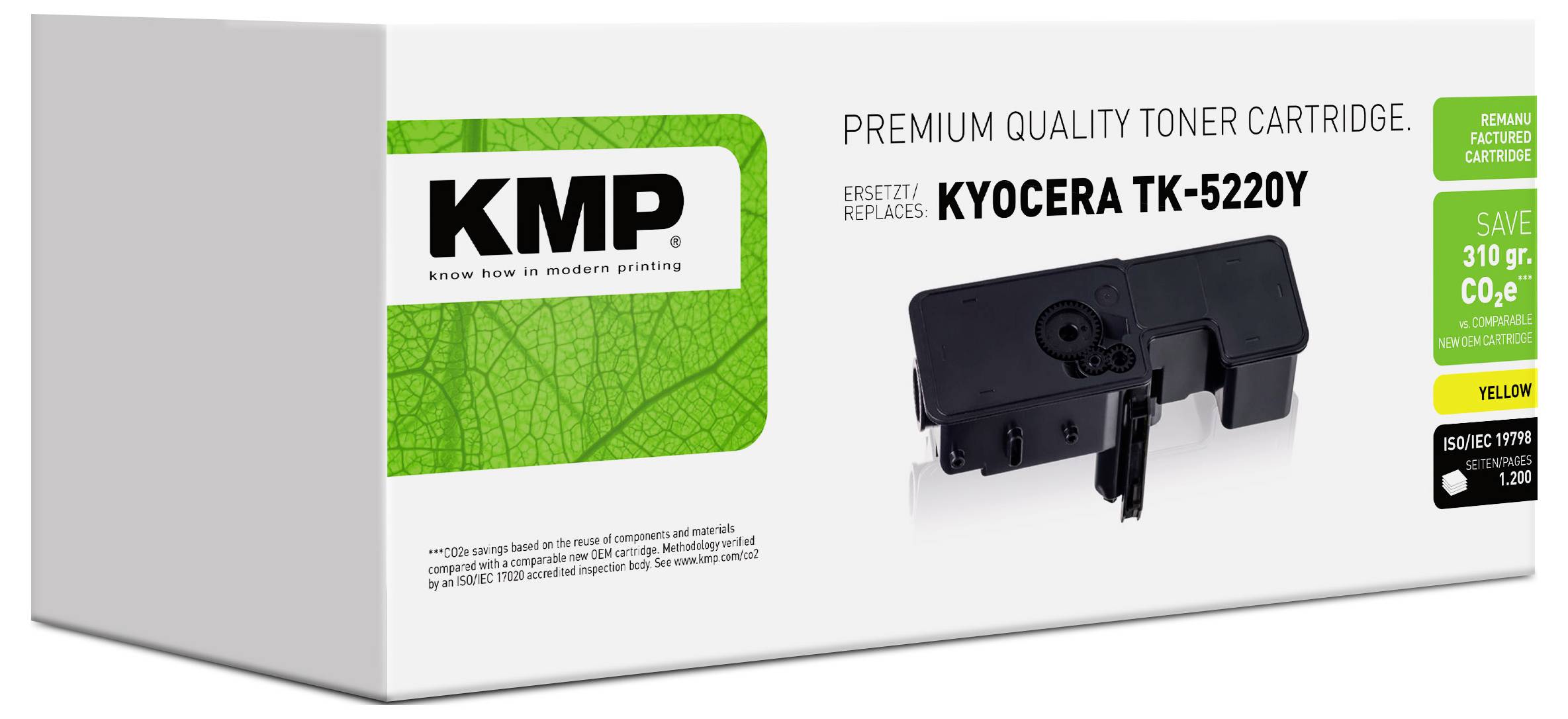 Schachtel mit KMP Premium-Qualitäts-Tonerkartusche für Kyocera TK-5220Y, dargestellt mit Schwarzbild der Kartusche und grünem Etikett mit der Hervorhebung „310 gr. CO2 SPAREN"