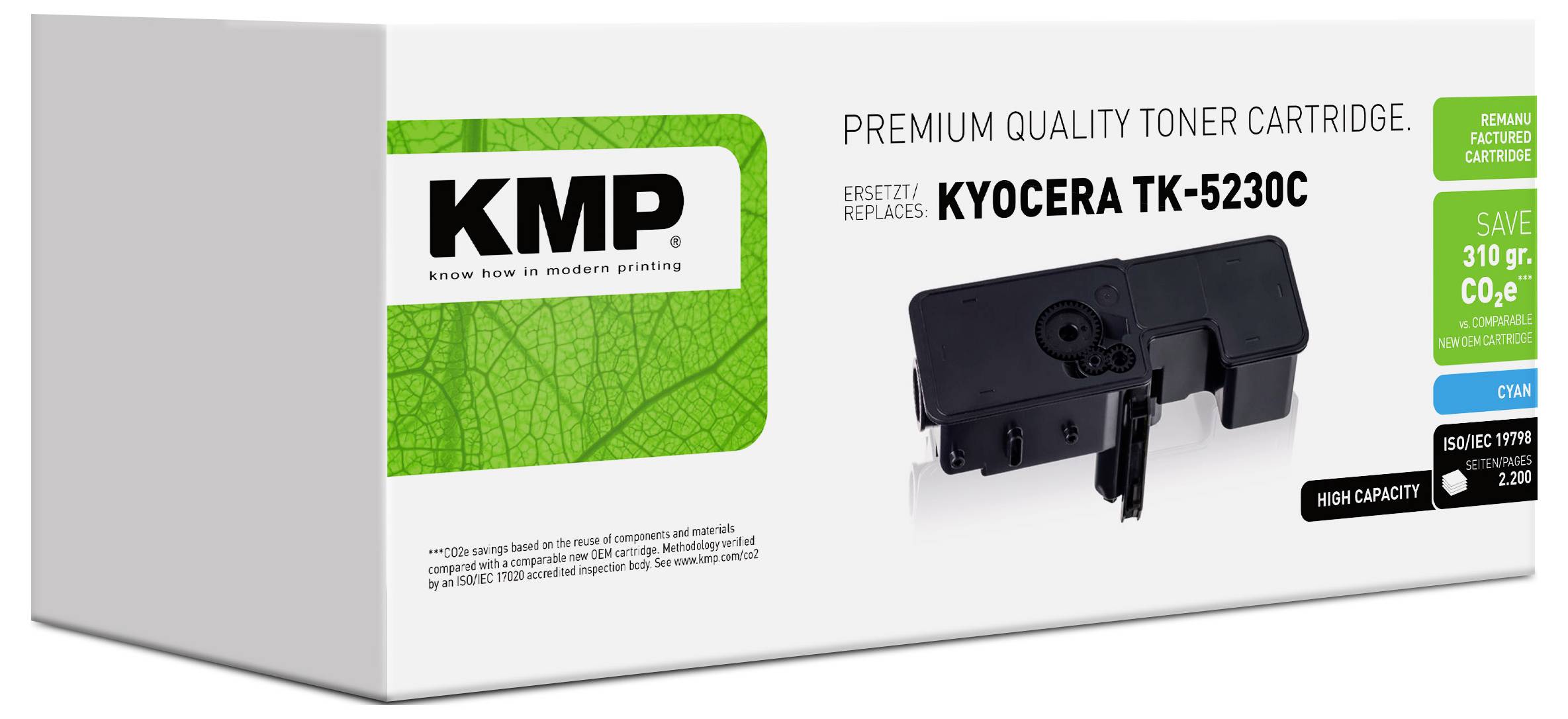 Kartusche Premium-Tonerkartusche von KMP für Kyocera TK-5230C, gezeigt mit Kartuschenabbildung und grünen Verpackungsdetails.