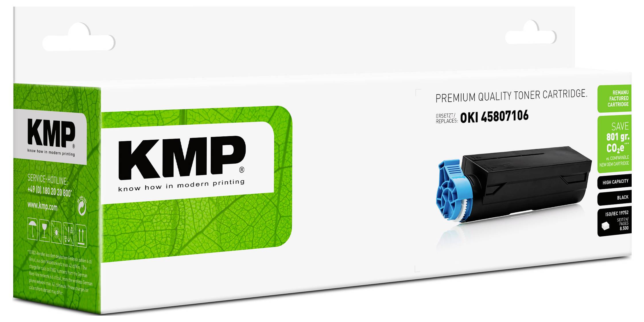 KMP Tonerkartusche mit schwarzer Cartridgeabbildung und Modellnummer OKI 45807106, dargestellt als hochwertiges Toner.
