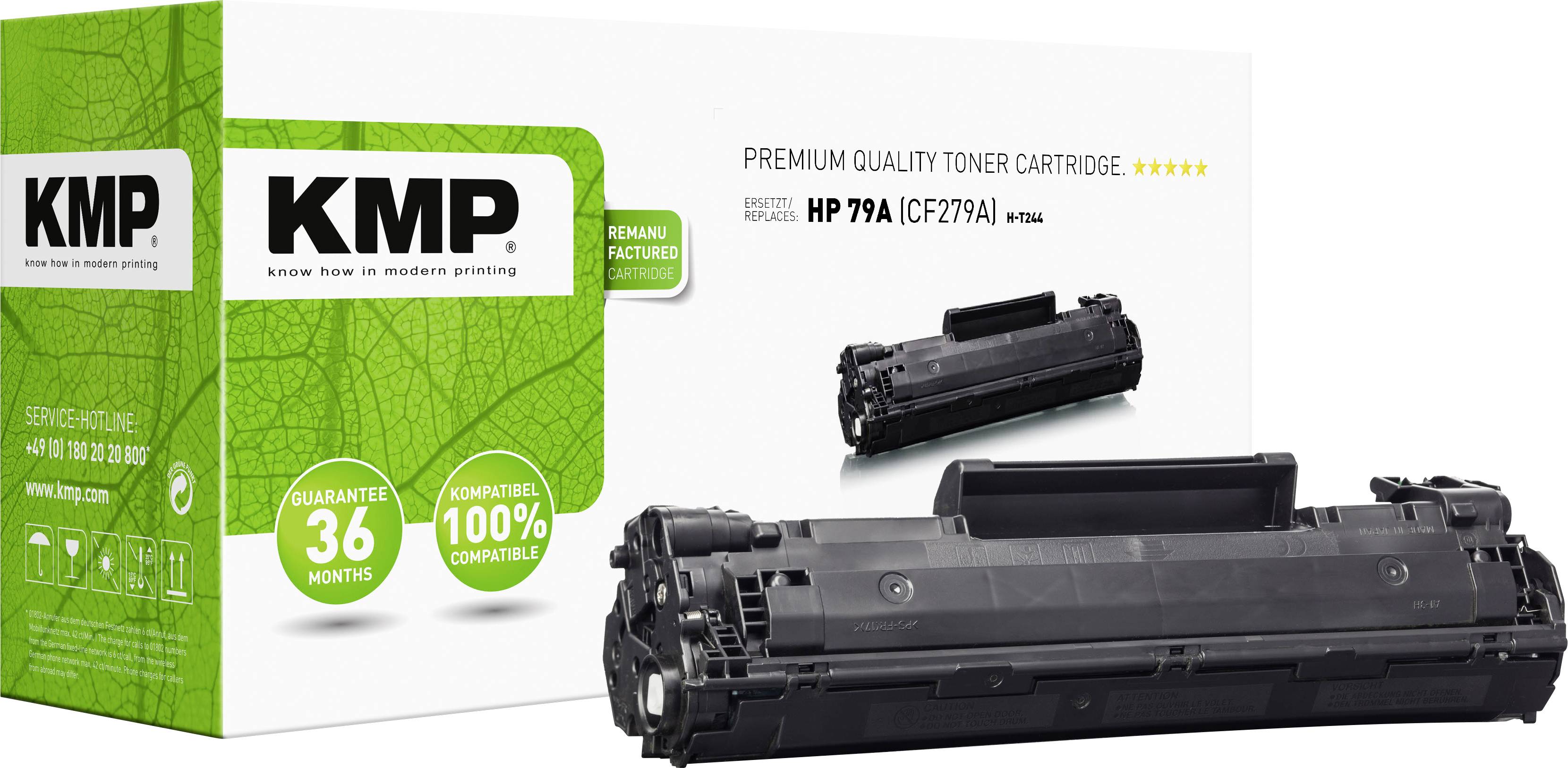 Kartusche und Verpackung mit 'Premium Quality Toner Cartridge' Text, kompatibel mit HP 79A (CF279A). Garantie 36 Monate, grüne Verpackung.