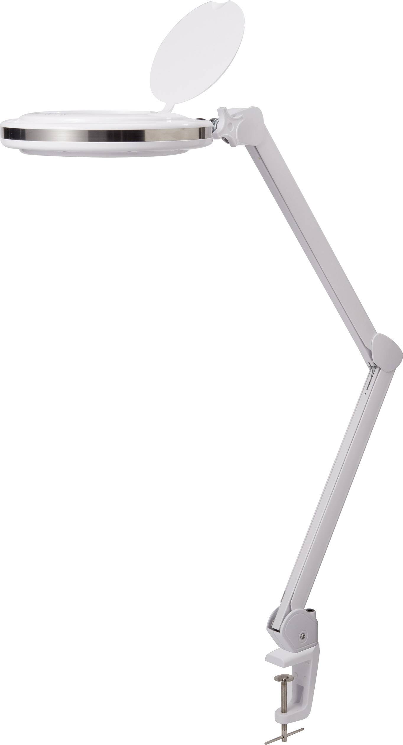 Eine weiße Schreibtischlampe mit verstellbarem Arm und Klemme zur Befestigung an einer Tischkante. Ideal für präzise Arbeiten.