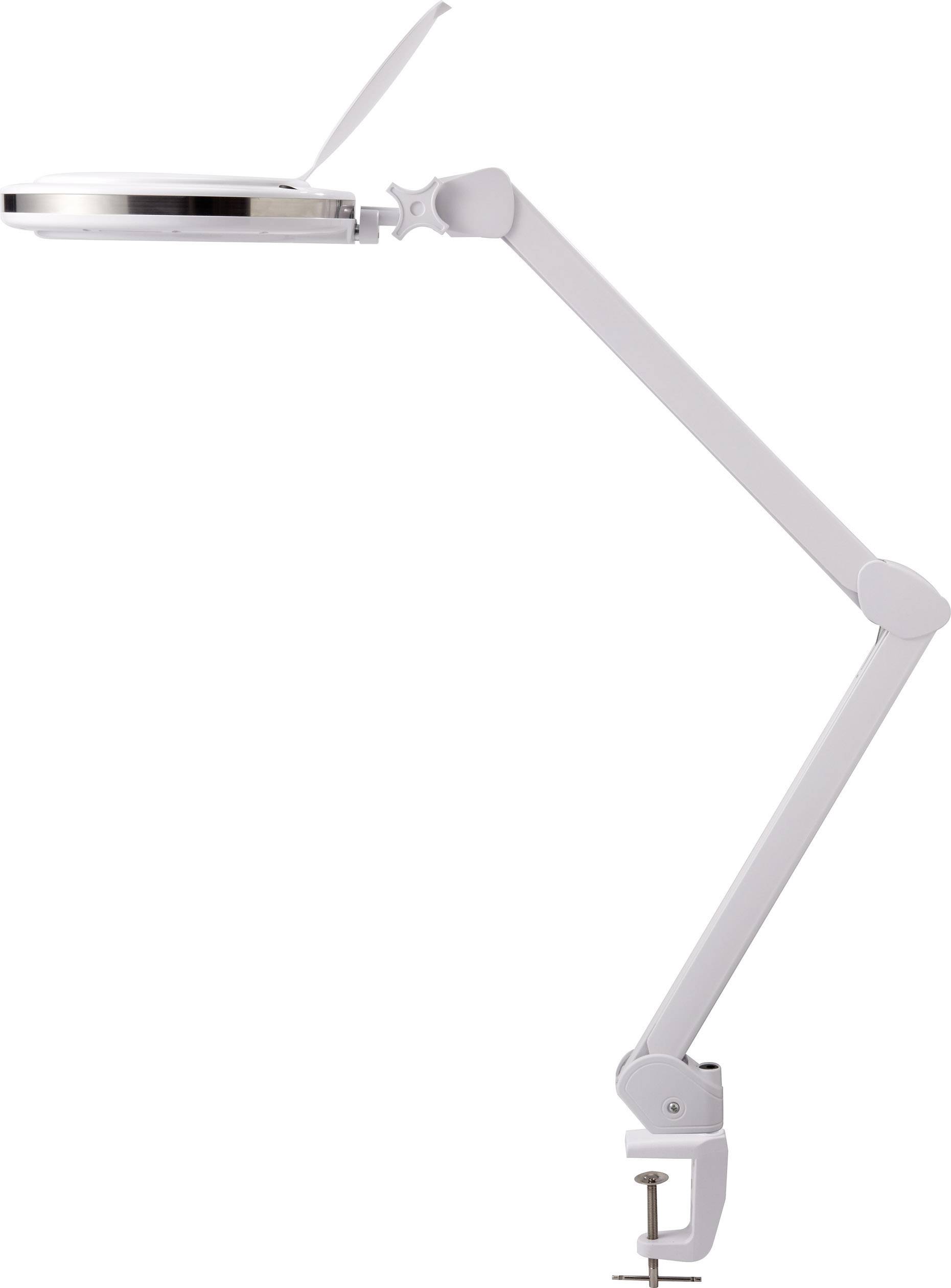 Eine weiße Schreibtischlampe mit verstellbarem Arm und Klemme zur Befestigung an der Tischkante, geeignet für präzise Arbeiten.