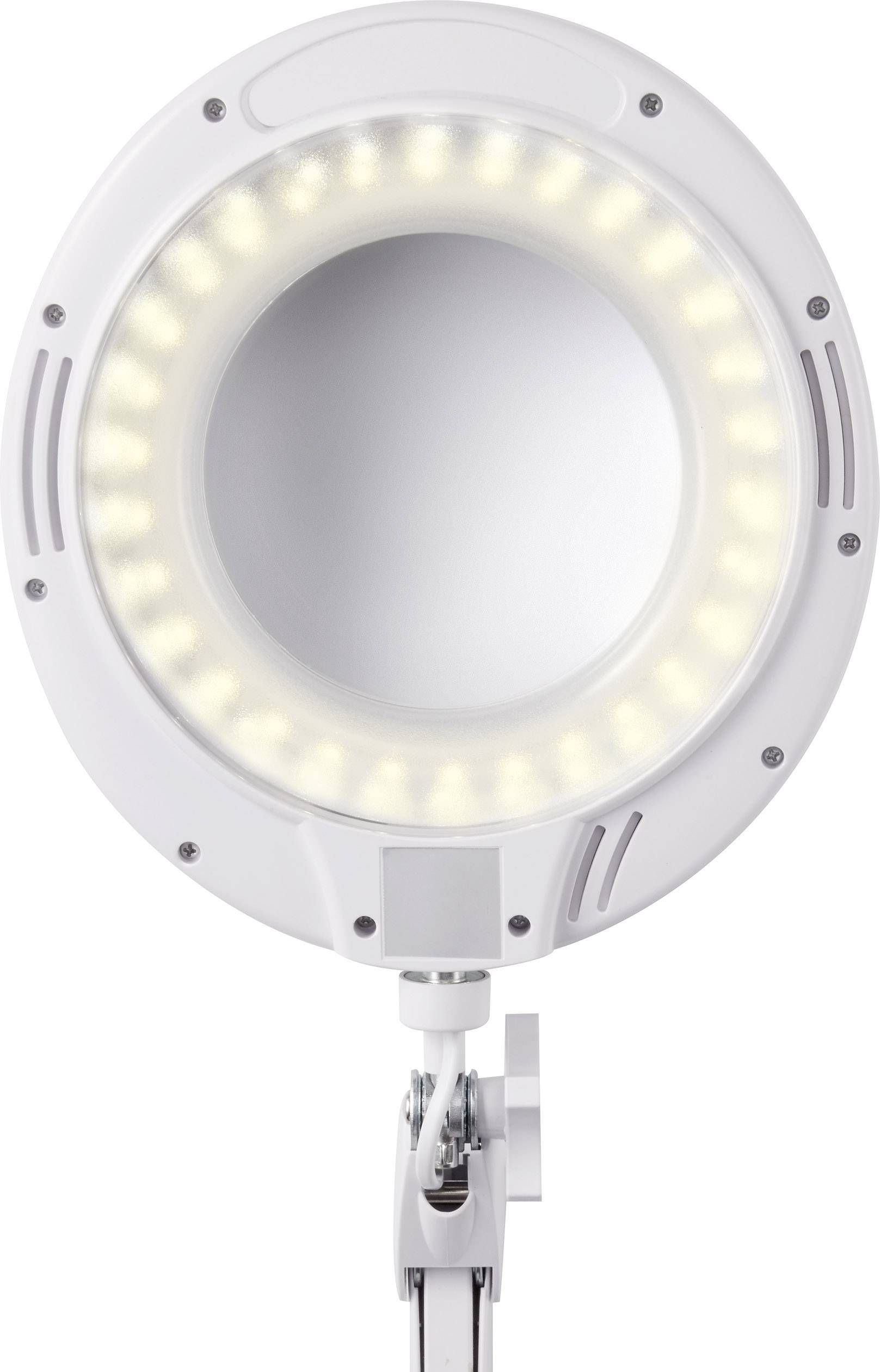 Eine weiße, runde LED-Lampe mit integrierter Lupe auf einem verstellbaren Arm. Ideal für präzise Arbeiten oder Detailbetrachtungen.