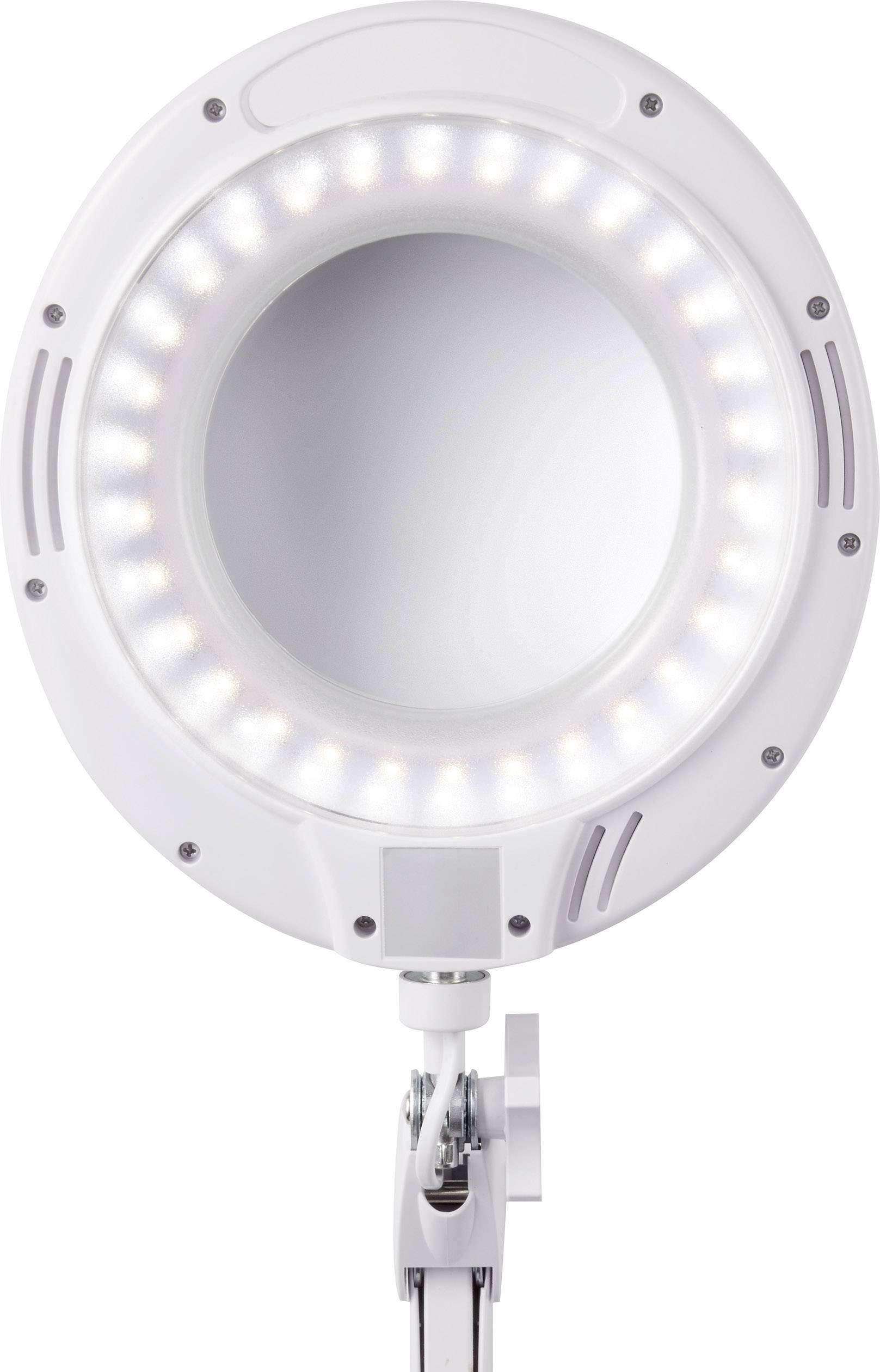 Eine runde, weiße LED-Lampe mit Spiegel in der Mitte, geeignet für Make-up-Anwendungen oder detailreiche Arbeit.