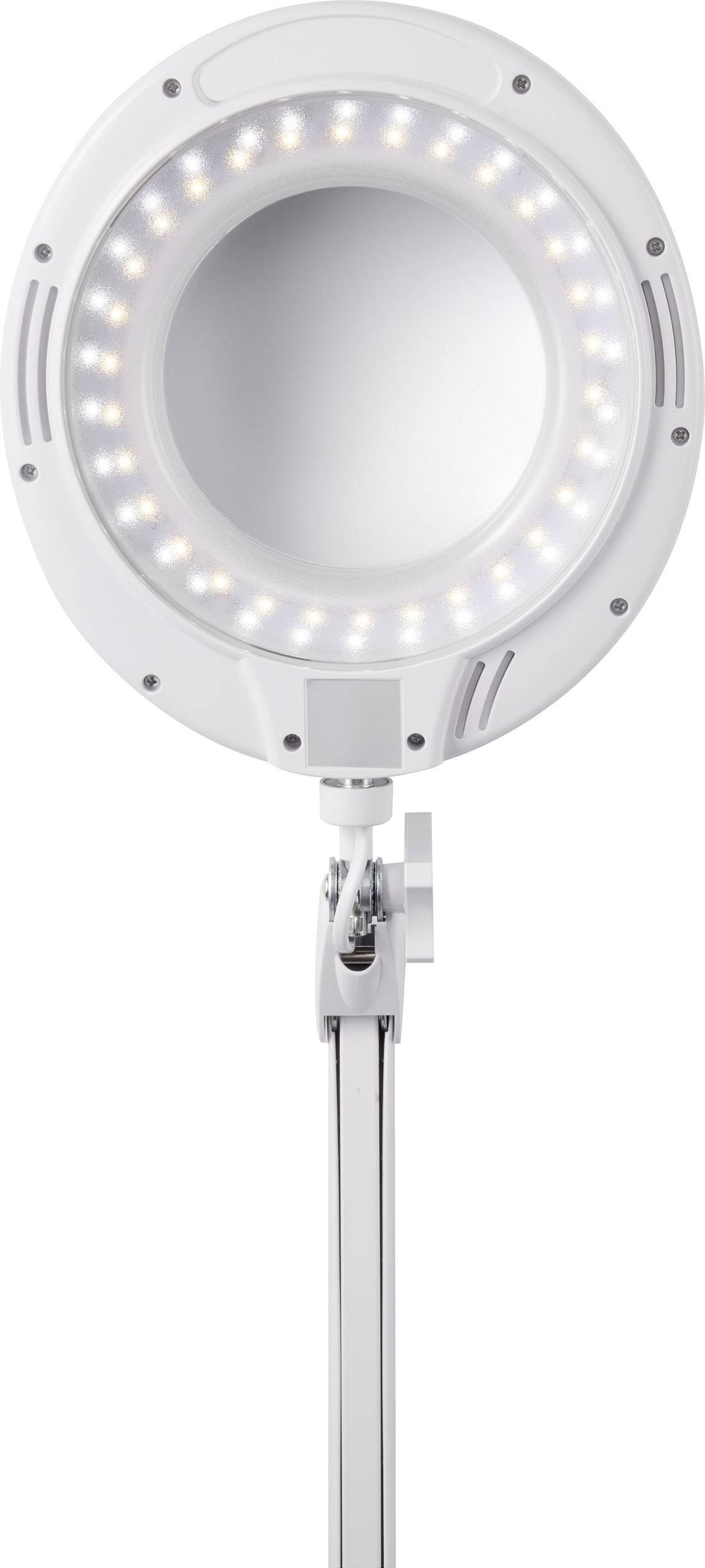 Vergrößerungslampe mit LED-Lichtern und rundem Spiegel auf verstellbarem Ständer. Ideal zum detaillierten Betrachten kleiner Objekte.