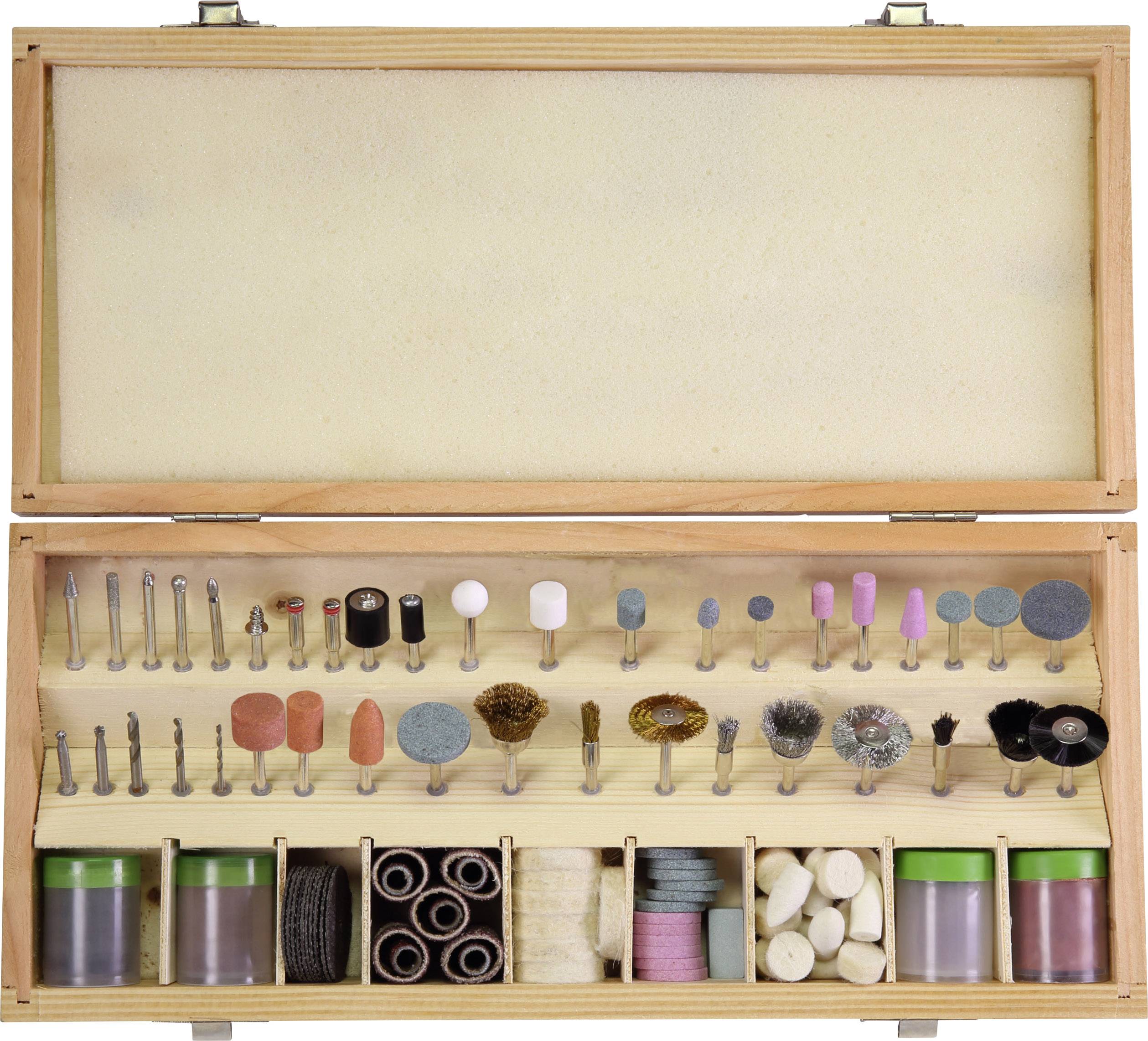 Ein geöffnetes Holzetui mit einem vielfältigen Sortiment an Werkzeugaufsätzen für Rotationswerkzeuge, einschließlich Schleif-, Polier- und Schneidaufsätzen.