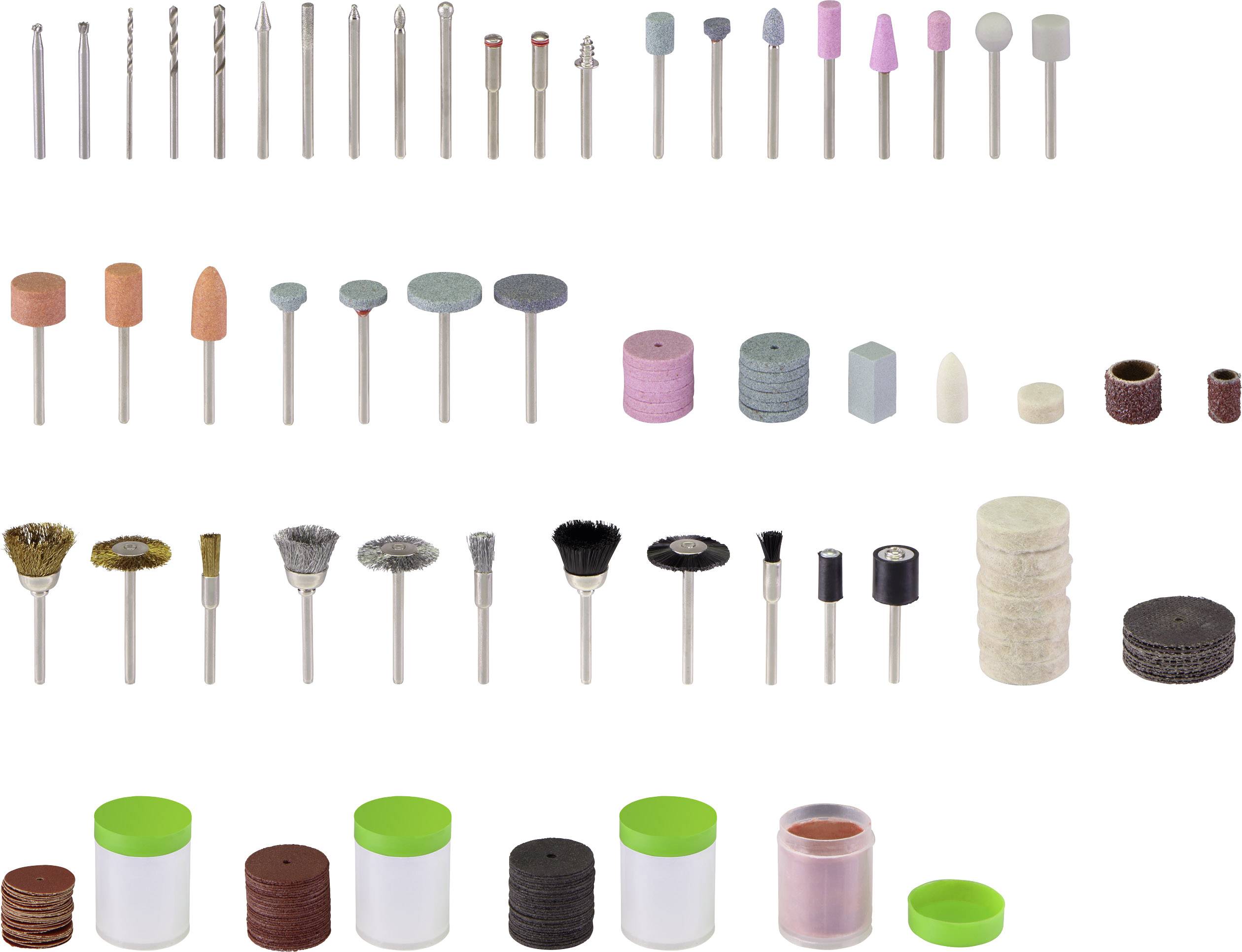 Satz von Schleif- und Polieraufsätzen in verschiedenen Formen und Größen für Dremel- oder Rotationswerkzeuge, mit bunten Schleifsteinen, Drahtbürsten und Polierscheiben.