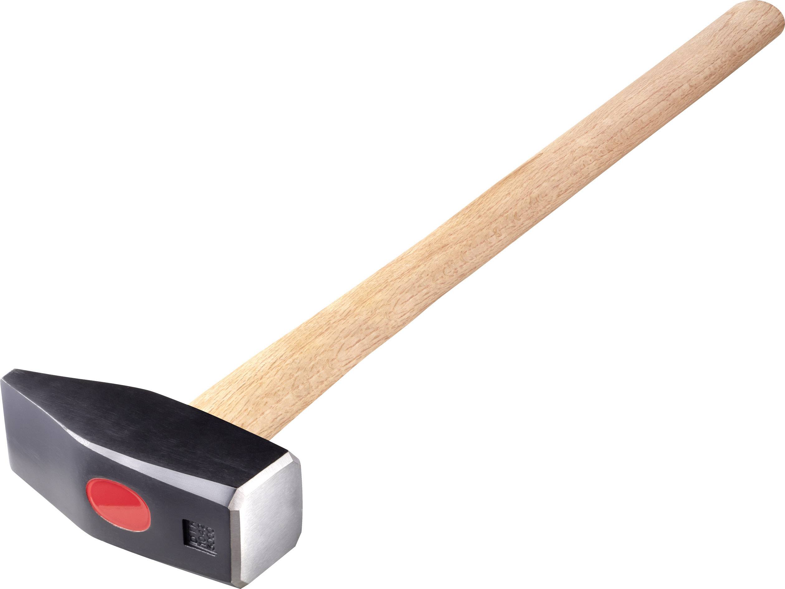 Ein Vorschlaghammer mit einem langen Holzgriff und einem großen, rechteckigen Metallkopf, geeignet für schwere Bauarbeiten.