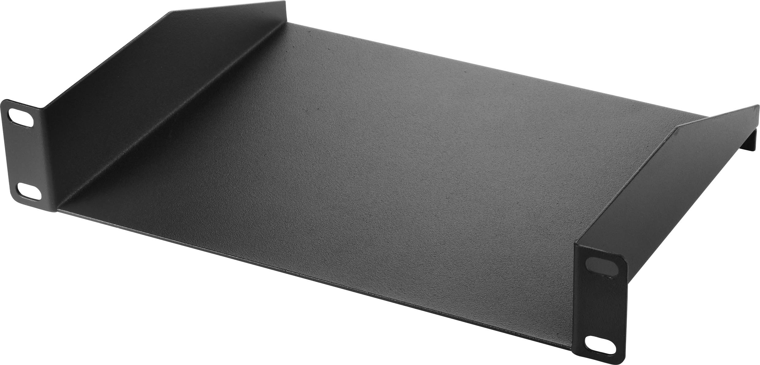 Ein rechteckiges Metallablagefach mit erhöhten Seiten und hinten offenen Kanten, geeignet zur Befestigung in einem Rack.