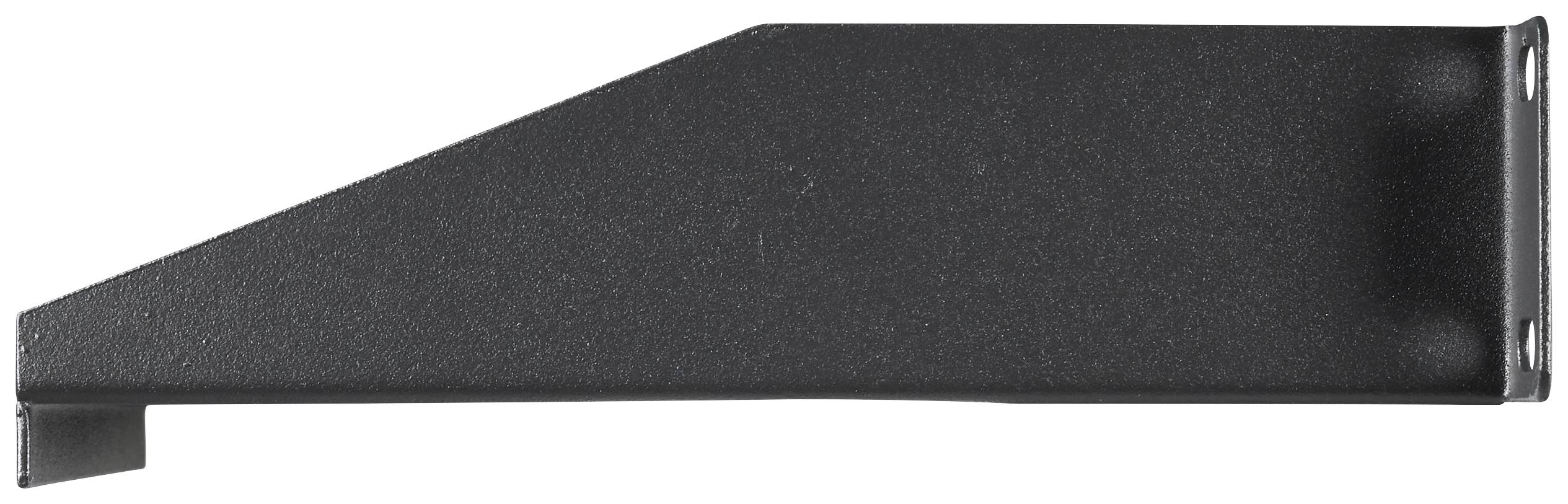 Ein schwarzer Metallwinkelträger zur Wandmontage von Regalböden, rechteckige Form mit abgeschrägtem Ende, dekorative Struktur.