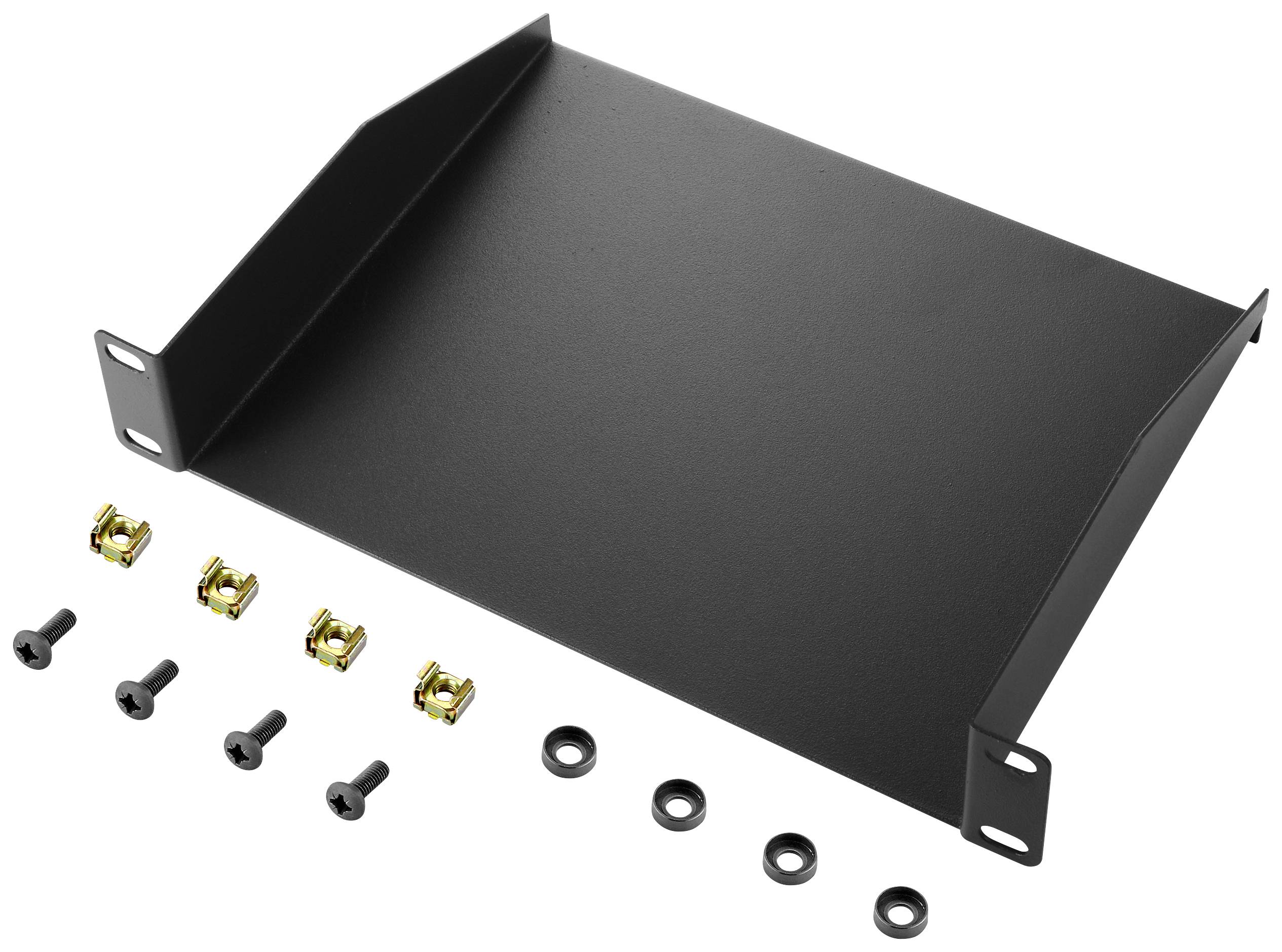 Ein schwarzes Metallregal mit sieben Befestigungselementen, darunter Schrauben und Muttern, zur Montage in einem Server-Rack.