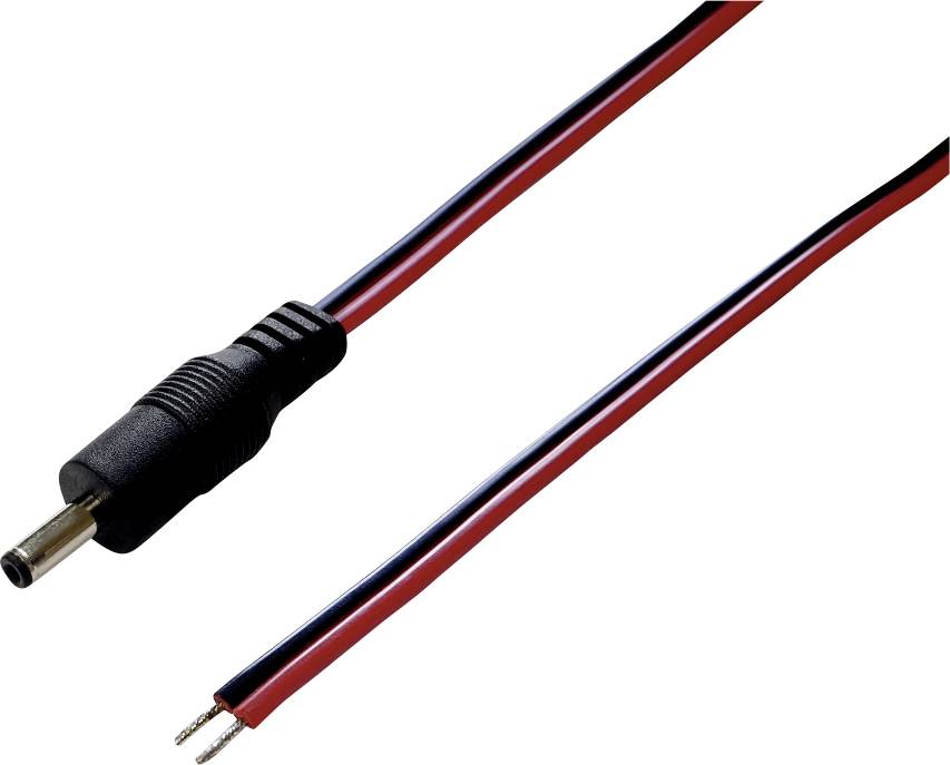 Ein schwarzes DC-Stromkabel mit offenen roten und schwarzen Leitungen auf einer Seite und einem runden Stecker auf der anderen Seite.