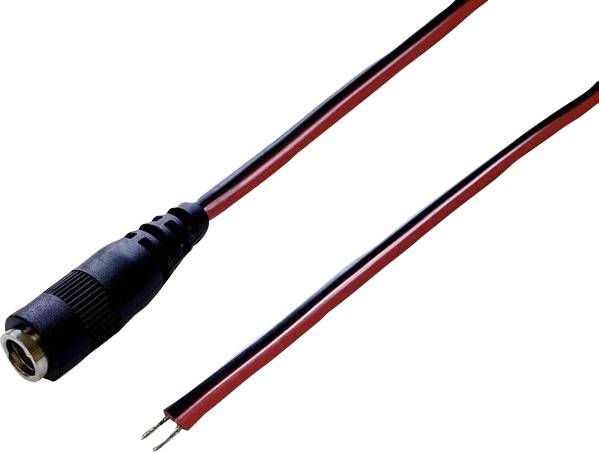 Schwarzes weibliches DC-Netzteil-Anschlusskabel mit rotem und schwarzem Draht, zeigt abgeschnittene Enden für elektrische Anschlüsse.