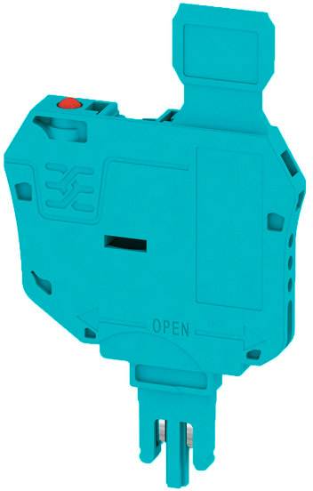 Ein blaues, elektrisches Bauteil mit einem Schalter und einem Steckmechanismus. Es trägt die Kennzeichnung 'OPEN'.