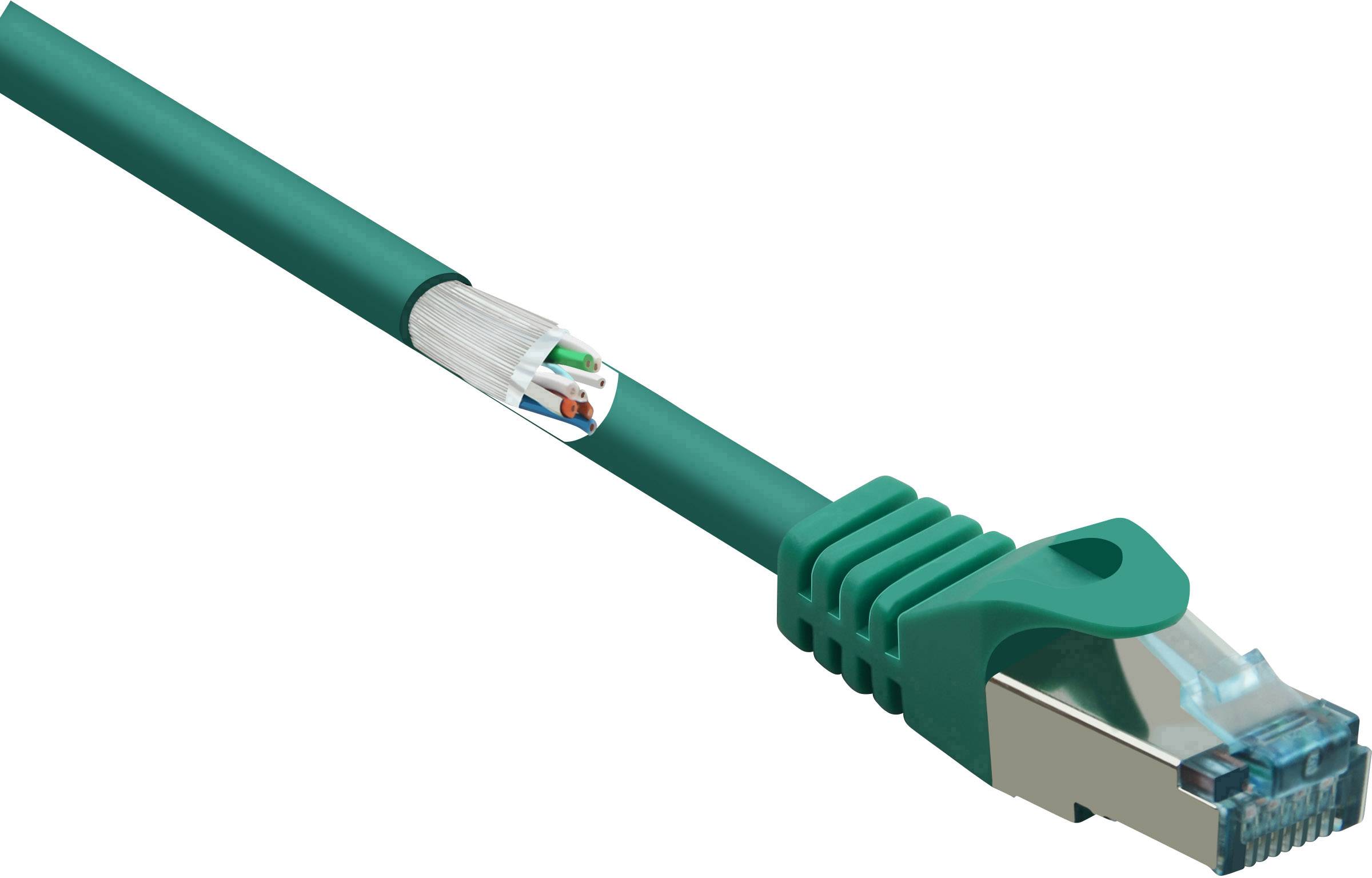 Ein grünes Ethernet-Kabel, das zur Datenübertragung in Netzwerken verwendet wird, mit einem RJ45-Stecker am Ende.