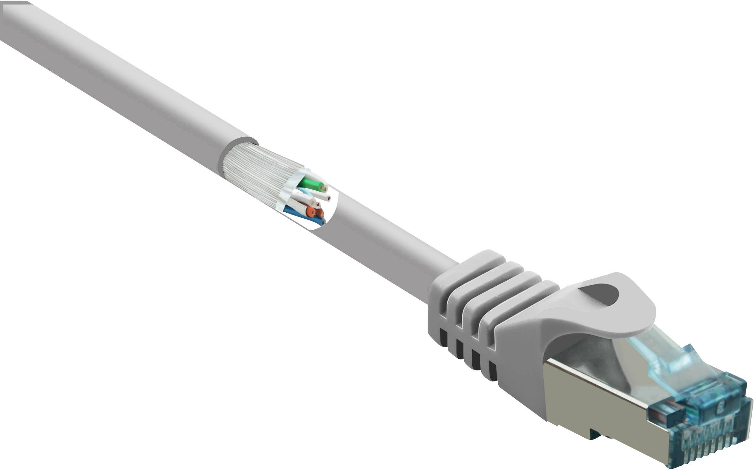 Ein graues Ethernet-Kabel mit durchsichtigem Stecker und freigelegten farbigen Drähten.