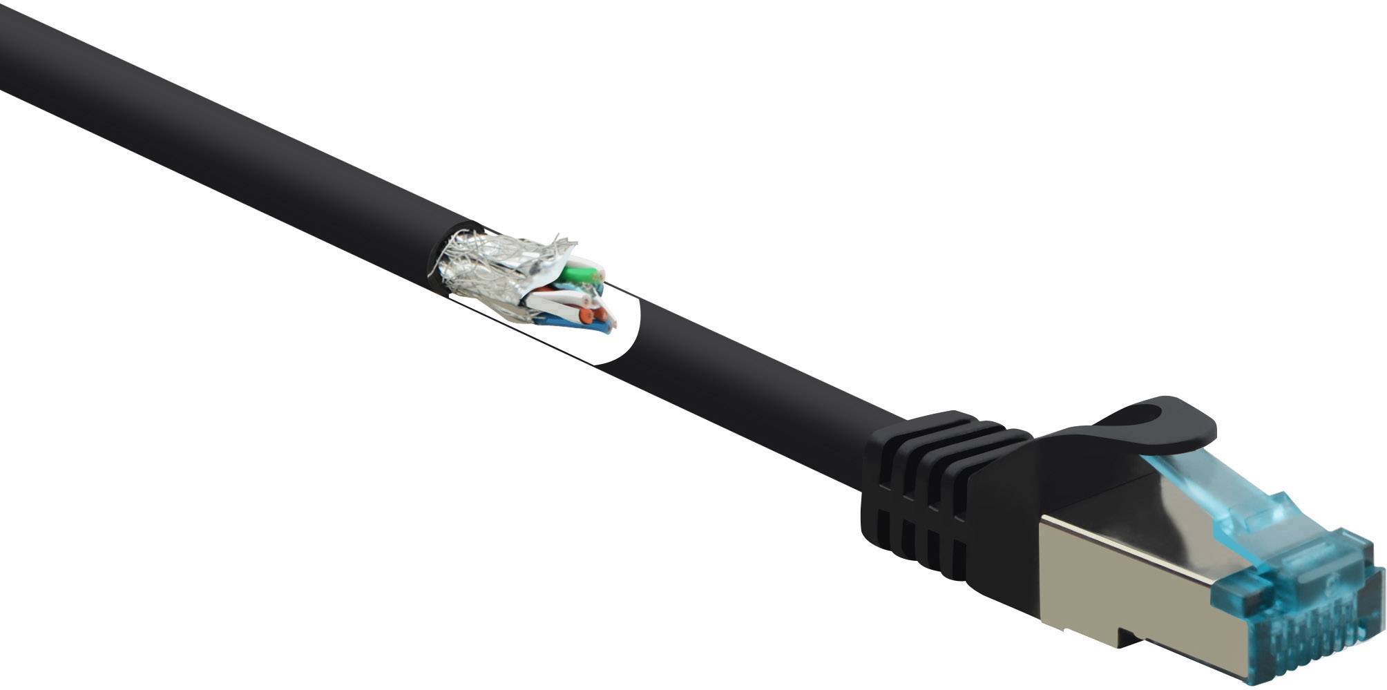 Ein schwarzes Netzwerkkabel mit sichtbar freiliegenden farbigen Adern, das an einem RJ45-Stecker endet.