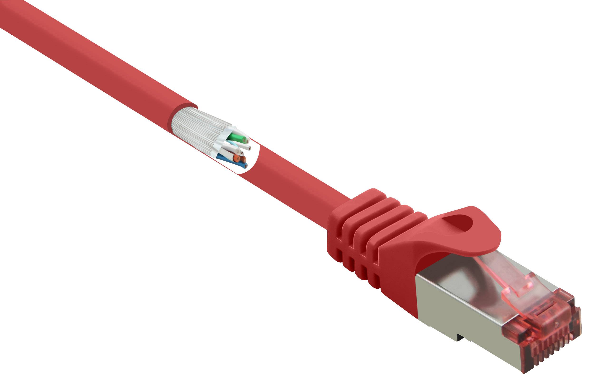 Rotes Ethernet-Kabel mit Steckverbinder und Drahtdetails an der Seite sichtbar. Geeignet für Netzwerkverbindungen.