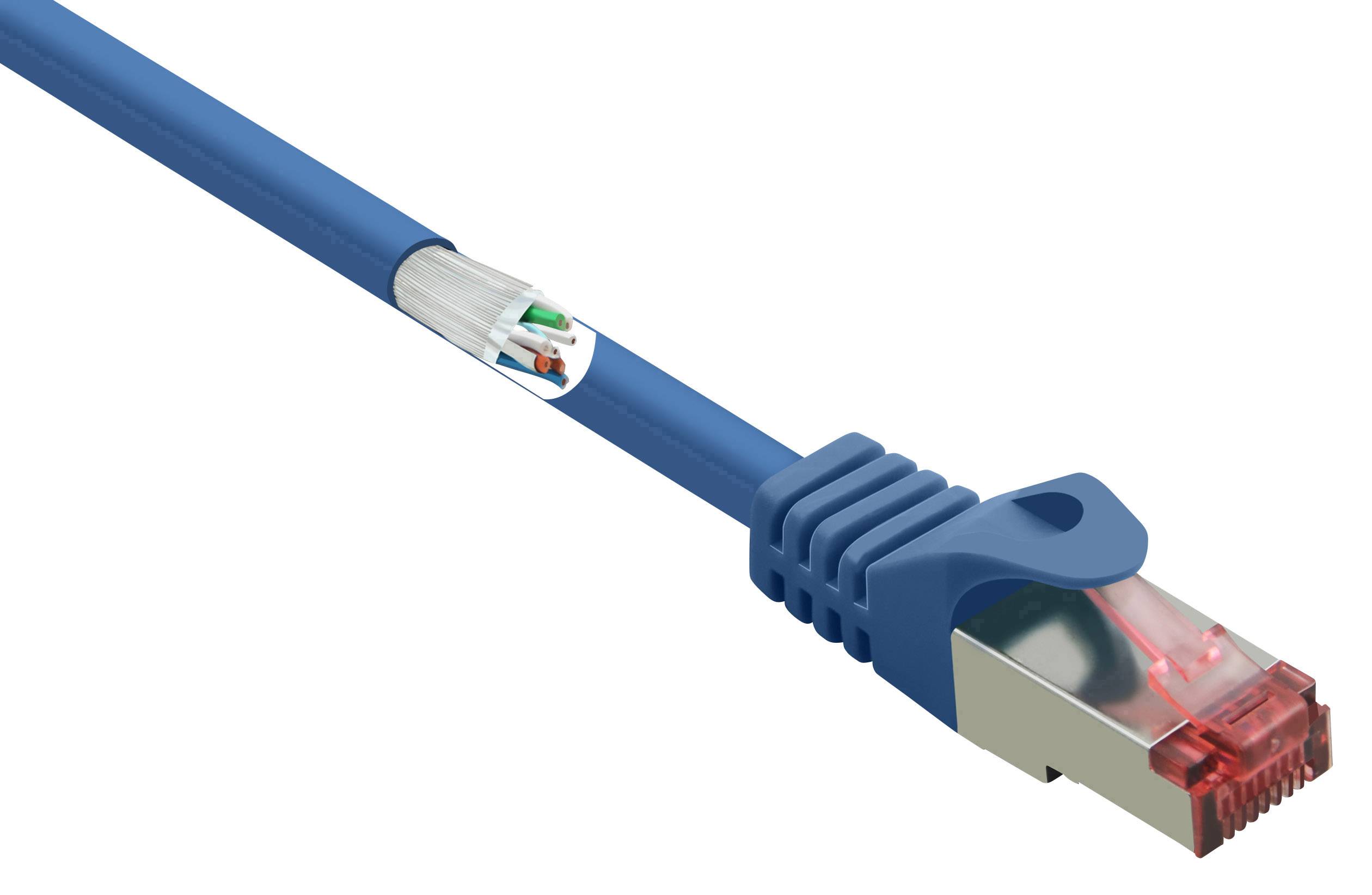 Ein blaues Ethernet-Kabel mit rotem Steckerkopf. Ein Ausschnitt zeigt die Innenstruktur mit Kupferdrähten.