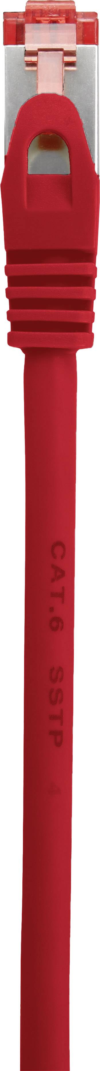 Rotes Ethernet-Kabel mit RJ45-Stecker, geeignet für Netzwerkverbindungen, isolierter Draht für Datenübertragung.