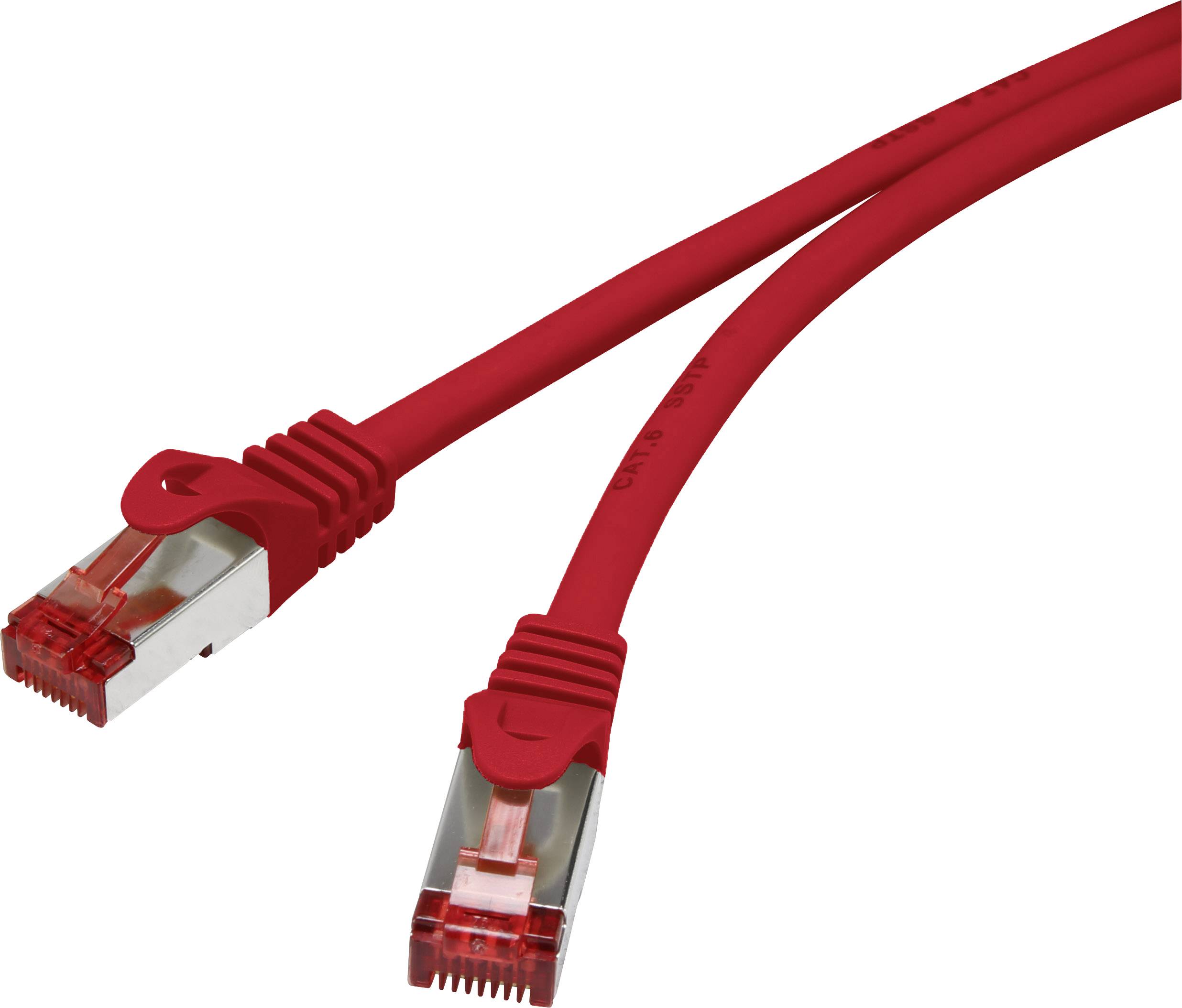 Rotes Netzwerkkabel mit zwei RJ-45-Steckern. Geeignet für Ethernet-Verbindungen, Symbol für Datenübertragung und Internetkonnektivität.