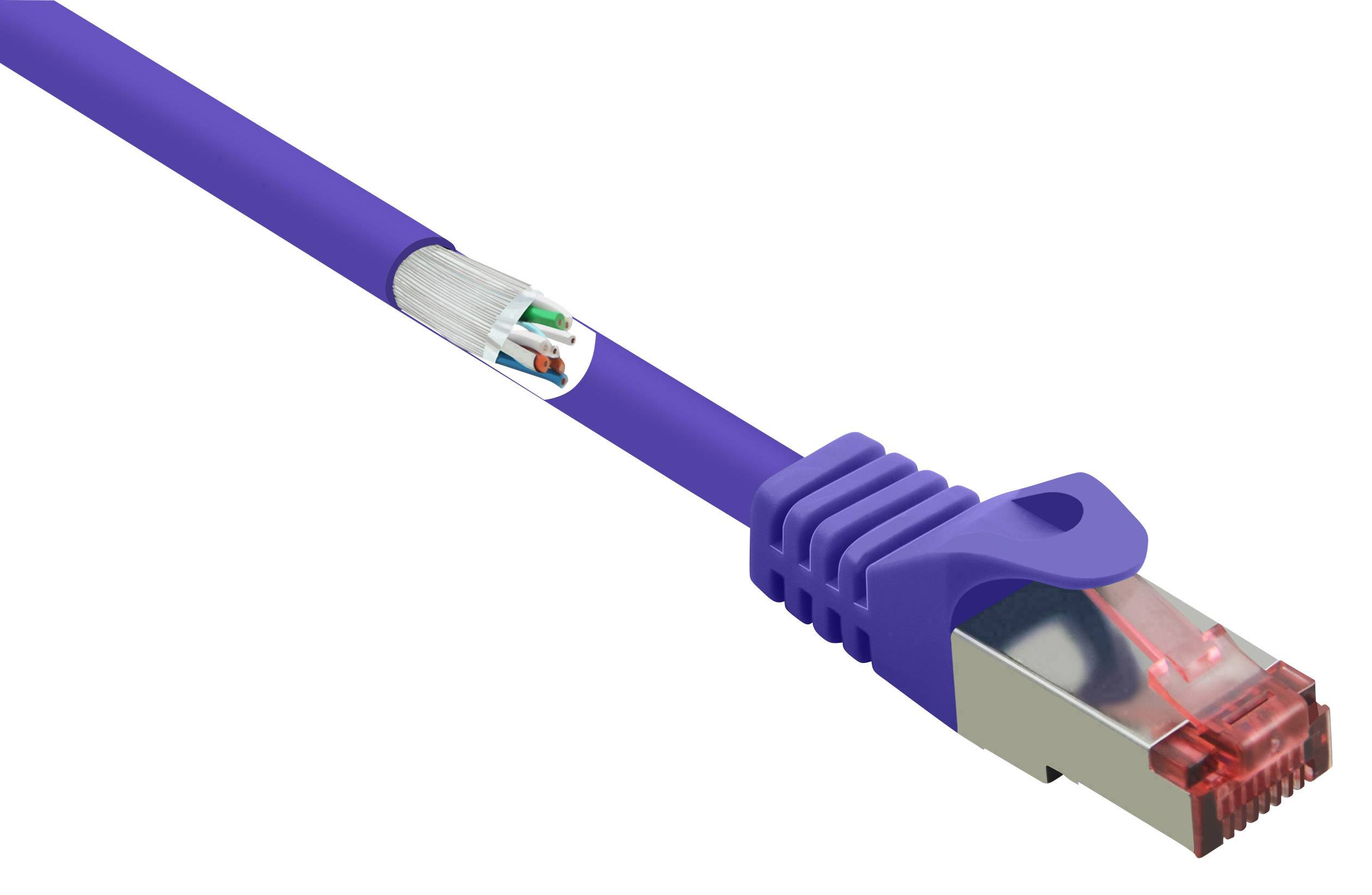Ein violettes Netzwerkkabel mit rotem Stecker wird angezeigt. Eine Veranschaulichung zeigt die interne Verkabelung des Kabels.
