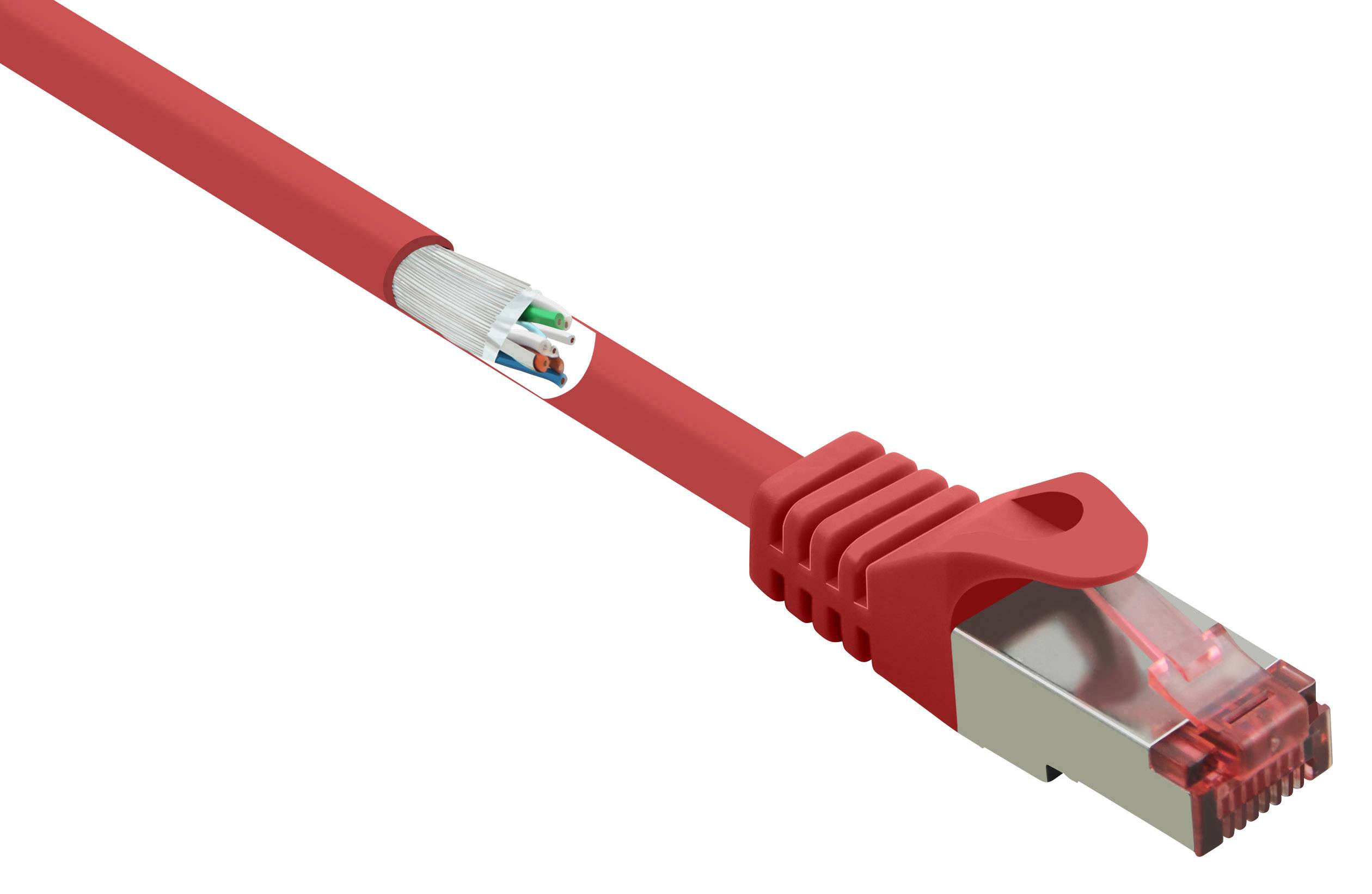 Ein rotes Ethernet-Kabel mit metallischem Stecker, Nahaufnahme eines freigelegten Kabelabschnitts mit farbigen Drähten sichtbar.
